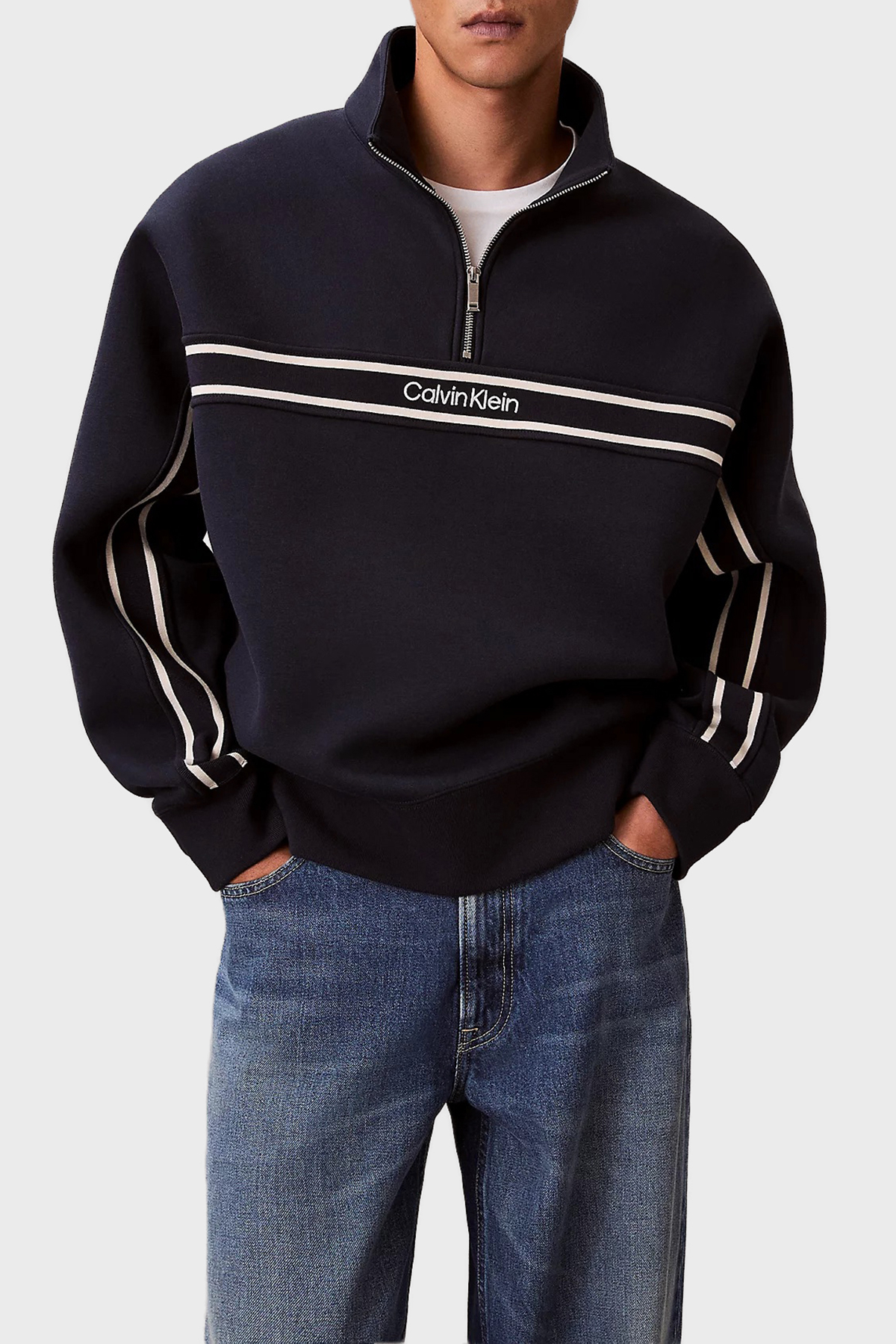 Calvin Klein Logolu Şerit Detaylı Relaxed Fit Dik Yaka  LV04RE221GCEF Erkek Sweat LV04RE221G CEF LACİVERT