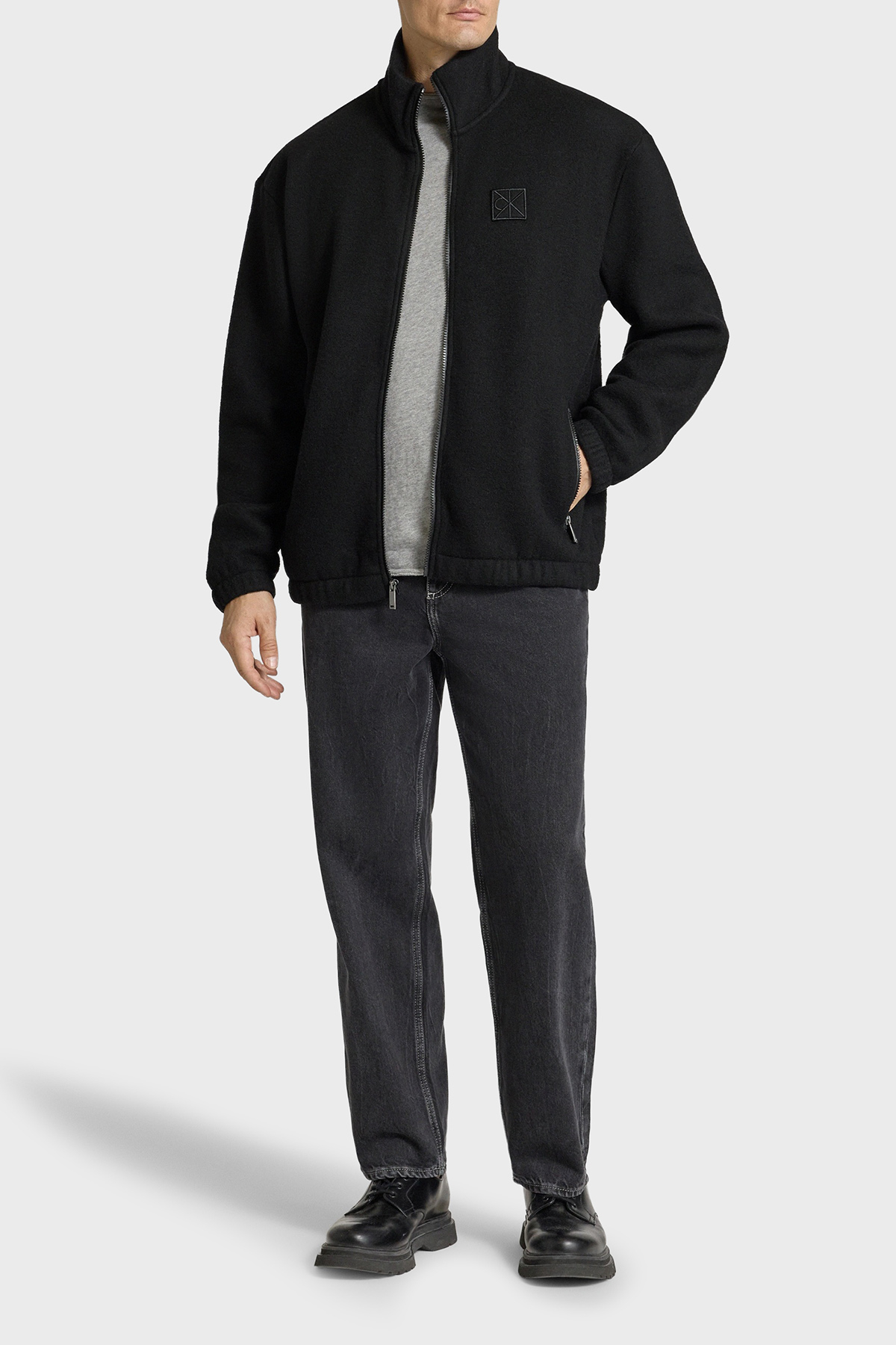 Calvin Klein Logolu Yün Karışımlı Oversize Dik Yaka Fermuarlı  LV04LD218GUB1 Erkek Ceket LV04LD218G UB1 SİYAH