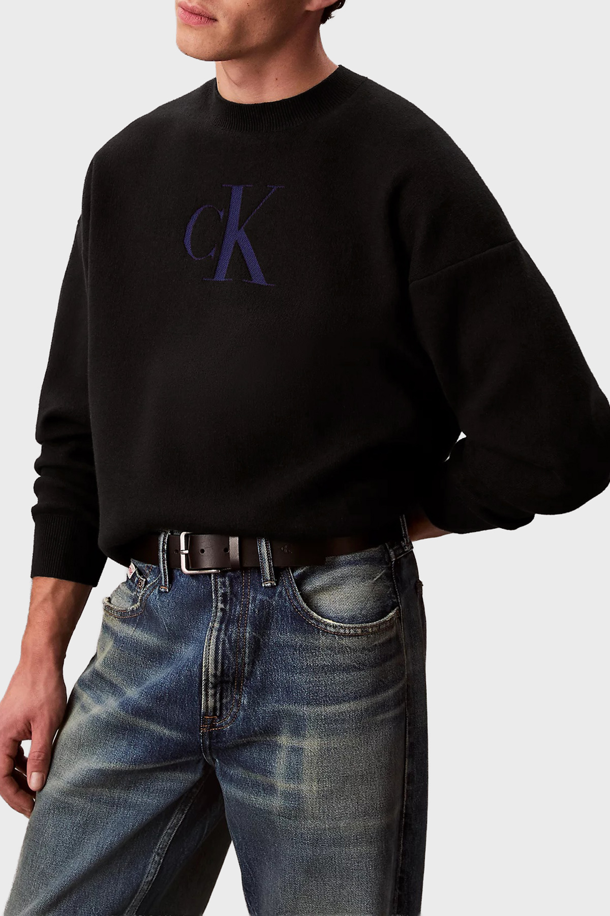 Calvin Klein Pamuk ve Kaşmir Karışımlı Relaxed Fit Logolu  LV04RD305GUB1 Erkek Kazak LV04RD305G UB1 SİYAH