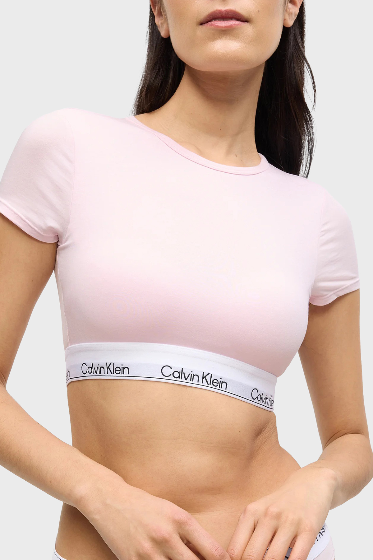 Calvin Klein Pamuk ve Modal Karışımlı Logolu Yuvarlak Yaka  LV00QF84958Z6 Kadın Crop LV00QF8495 8Z6 PEMBE