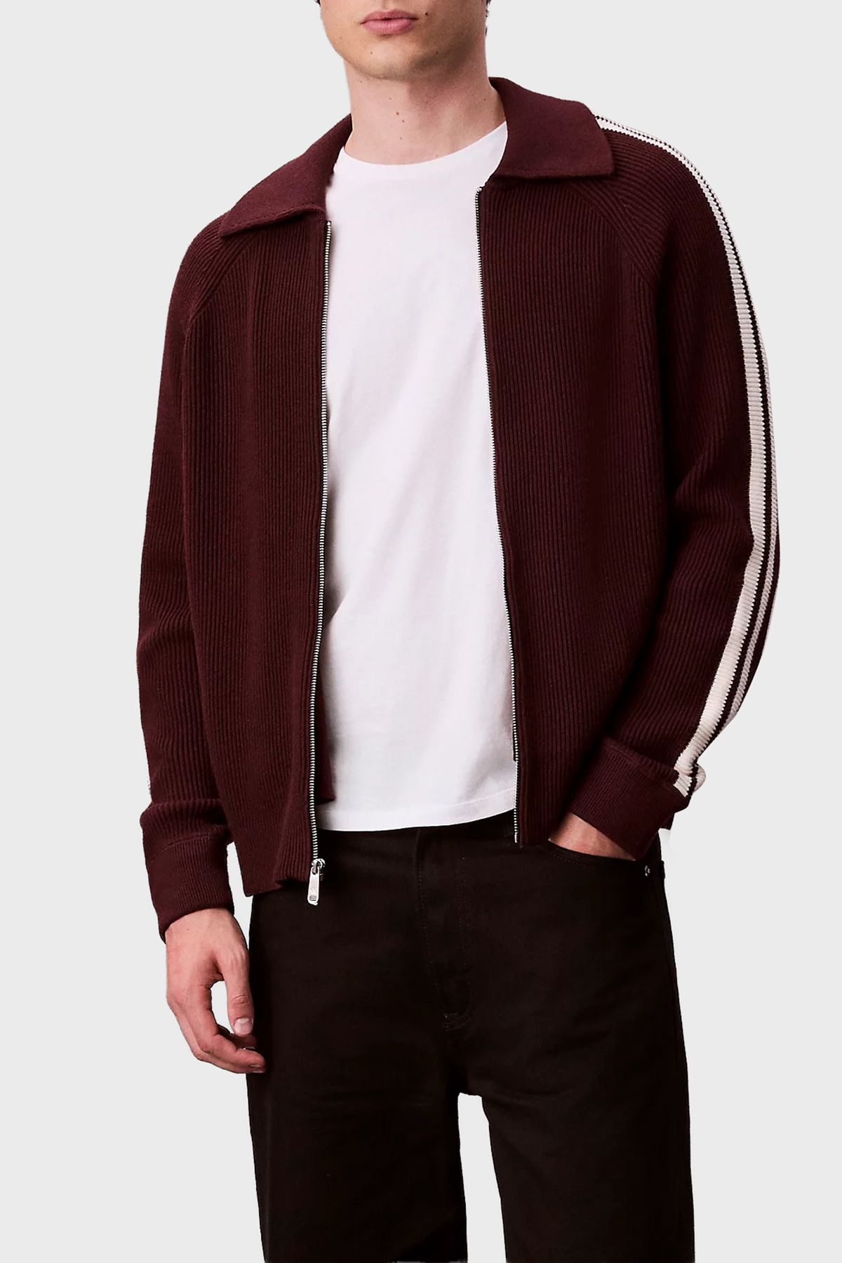 Calvin Klein Pamuk ve Yün Karışımlı Relaxed Fit Şerit Detaylı  LV04RD301GGR9 Erkek Ceket LV04RD301G GR9 BORDO