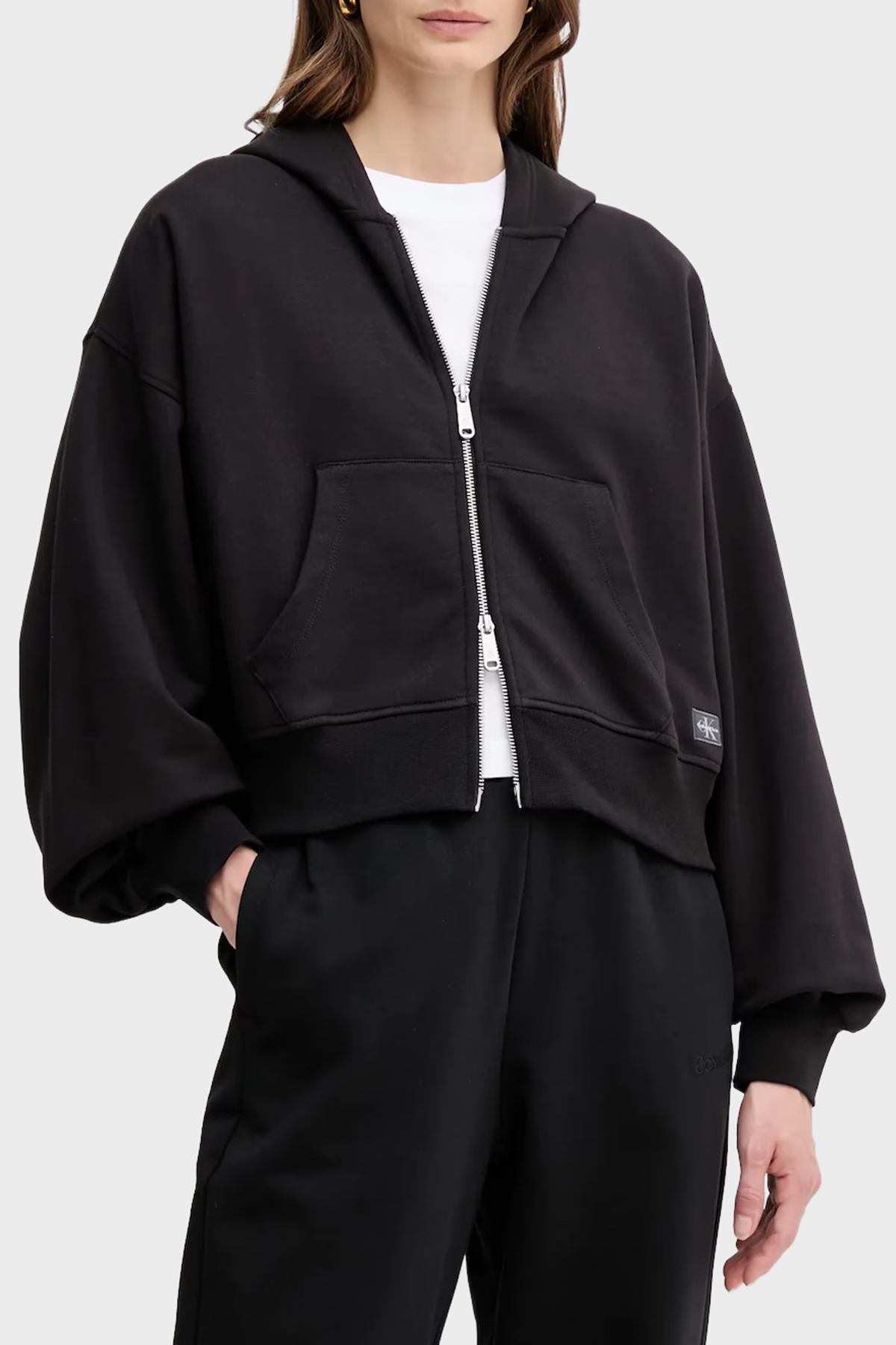 Calvin Klein Pamuklu Oversize Fit Kapüşonlu Crop  LV047C216GUB1 Kadın Sweat LV047C216G UB1 SİYAH