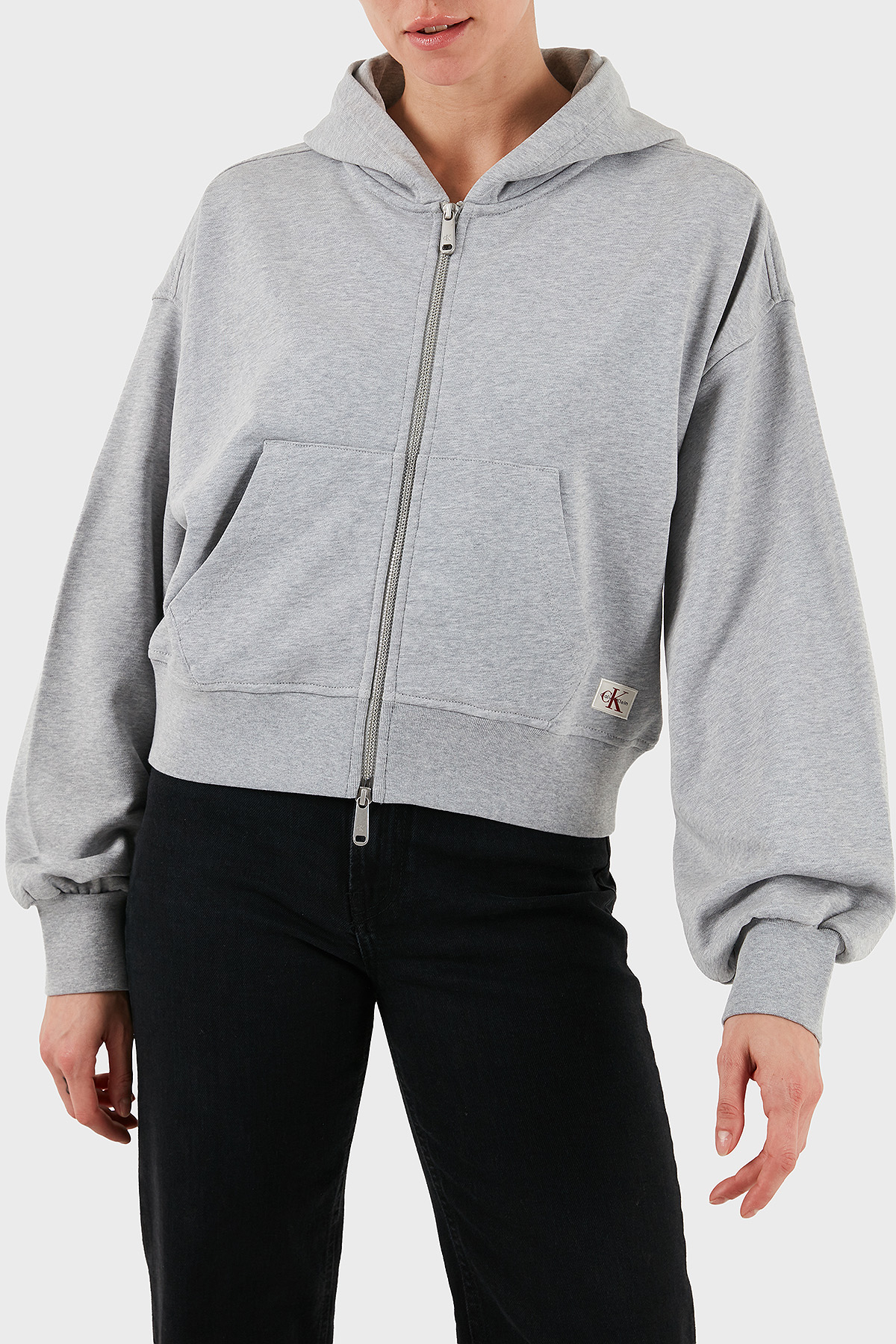 Calvin Klein Pamuklu Oversize Fit Kapüşonlu Fermuarlı Crop  LV047C216GP79 Kadın Sweat LV047C216G P79 GRİ