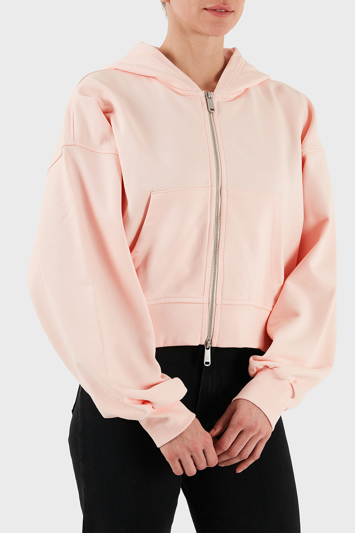 Calvin Klein Pamuklu Oversize Fit Kapüşonlu Fermuarlı Crop  LV047C216GVI7 Kadın Sweat LV047C216G VI7 PEMBE
