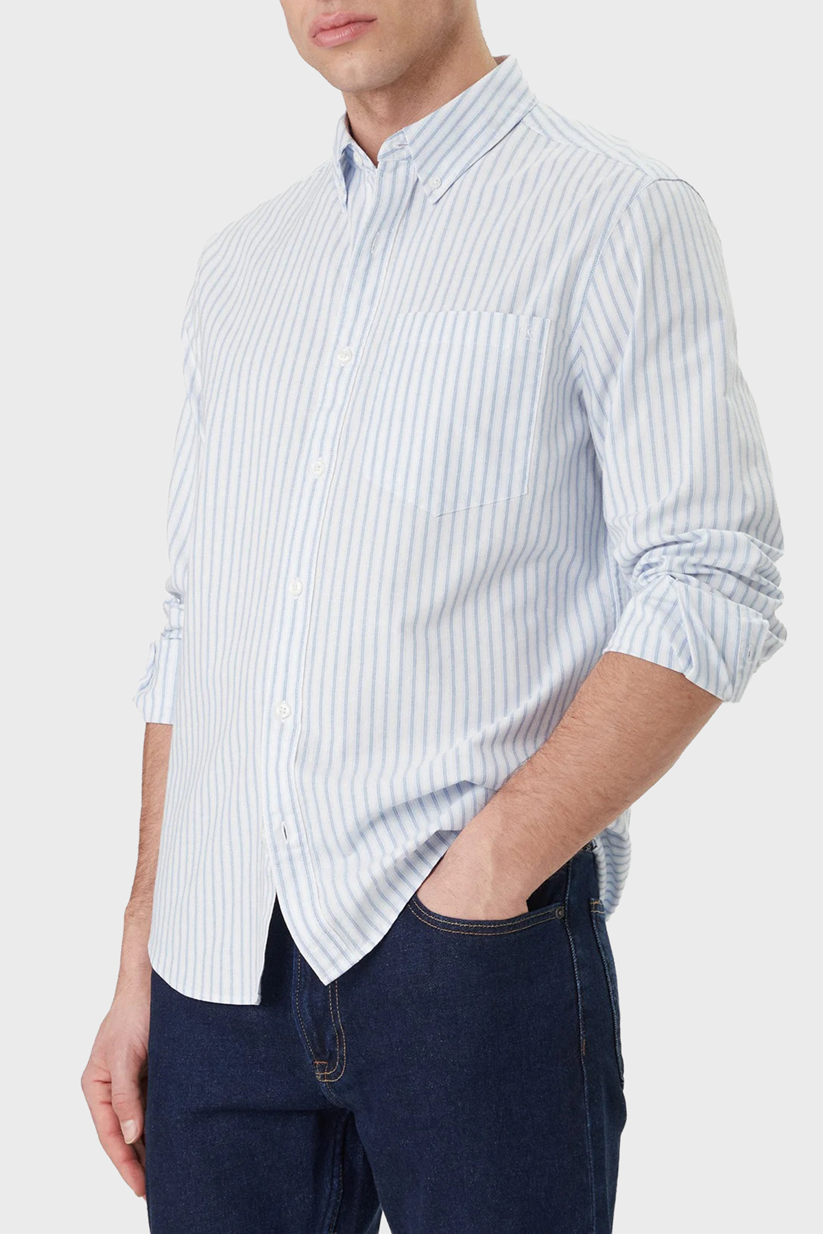 Calvin Klein Pamuklu Regular Fit Çizgili Uzun Kollu  LV04RF100GC32 Erkek Gömlek LV04RF100G C32 MAVİ-BEYAZ