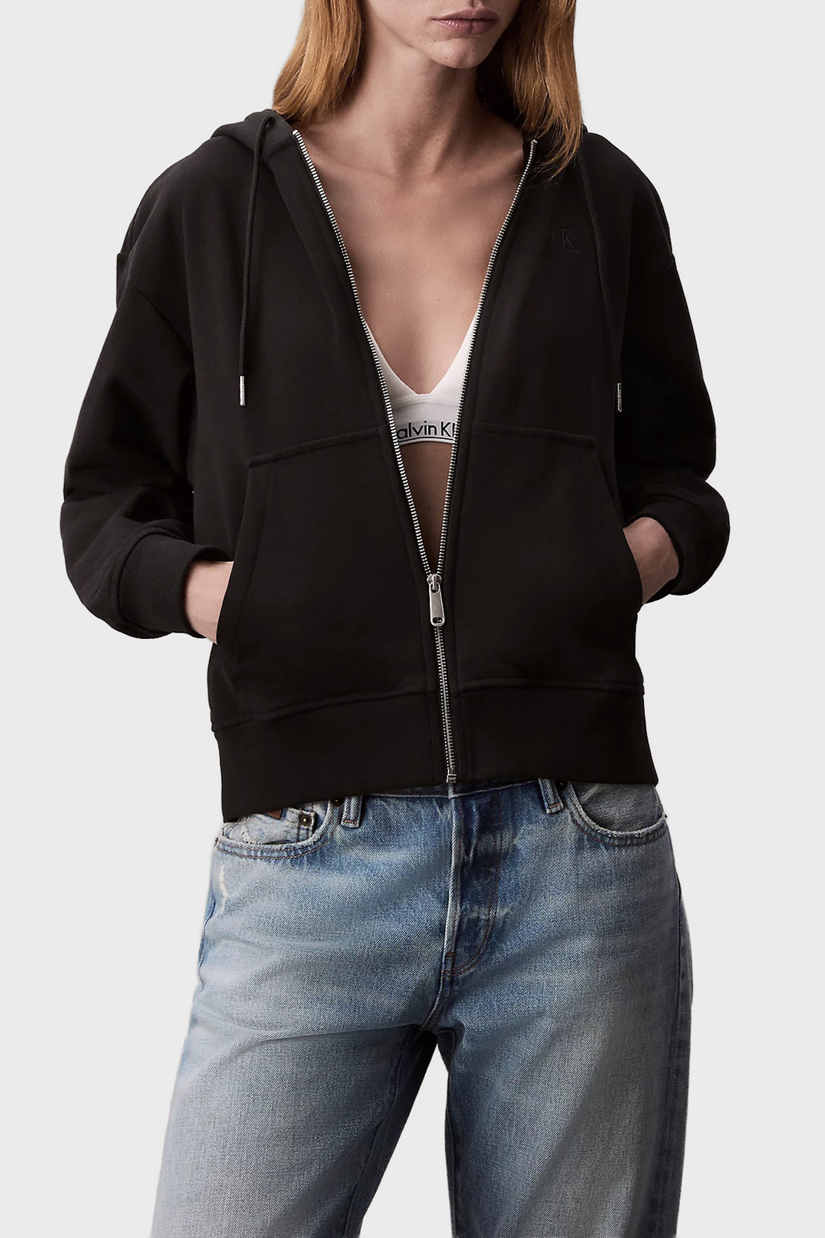 Calvin Klein Pamuklu Regular Fİt Kapüşonlu Fermuarlı  LV047B237GUB1 Kadın Sweat LV047B237G UB1 SİYAH