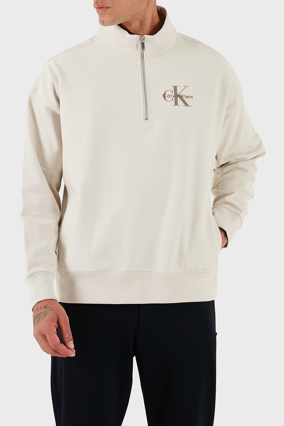 Calvin Klein Pamuklu Regular Fit Yarım Fermuarlı Dik Yaka  LV04RD236G67U Erkek Sweat LV04RD236G 67U BEYAZ