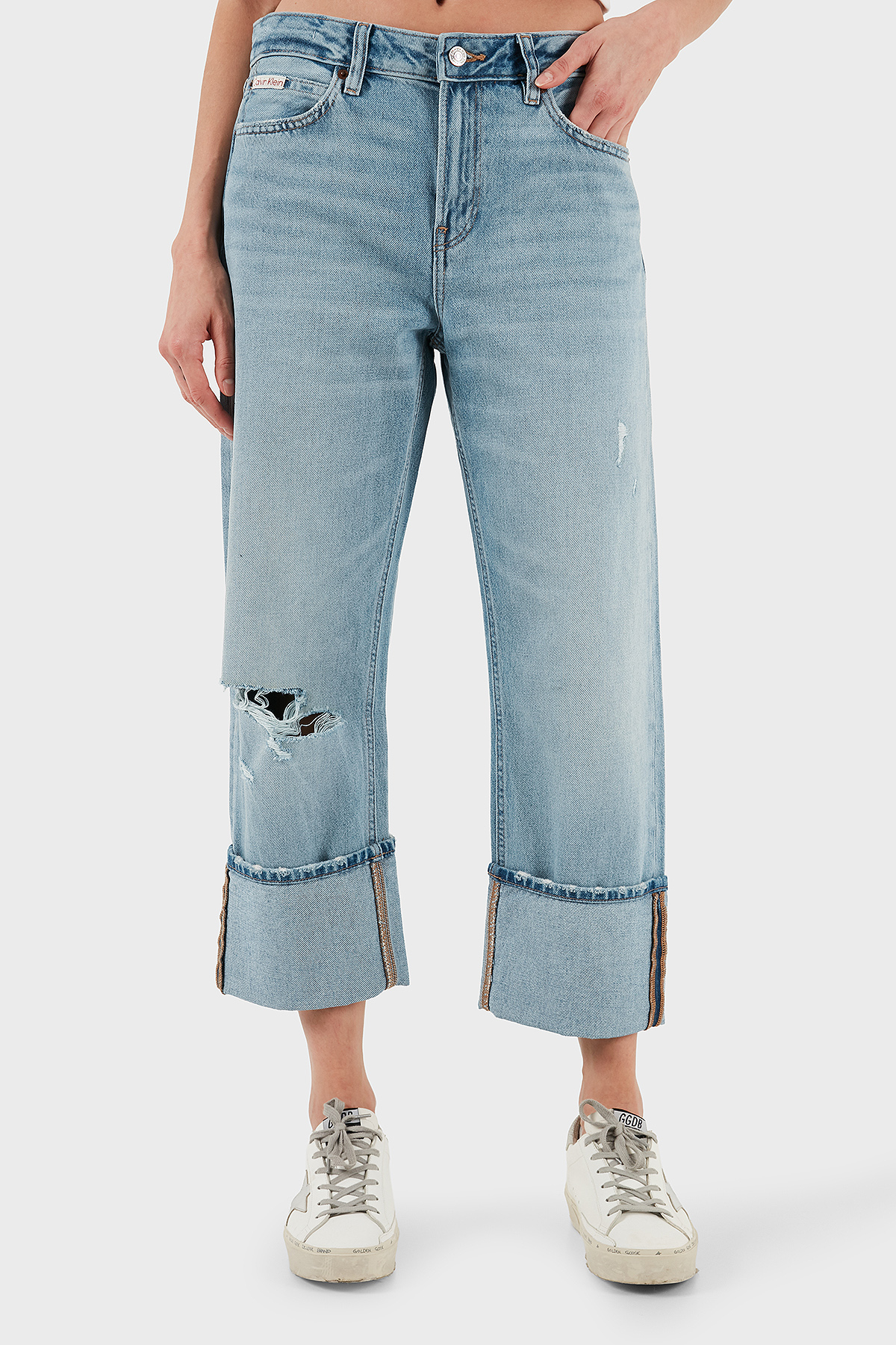 Calvin Klein Pamuklu Regular Fit Yüksek Bel Geniş Paça Jeans LV047C734GX26 Kadın Kot Pantolon LV047C734G X26 AÇIK MAVİ