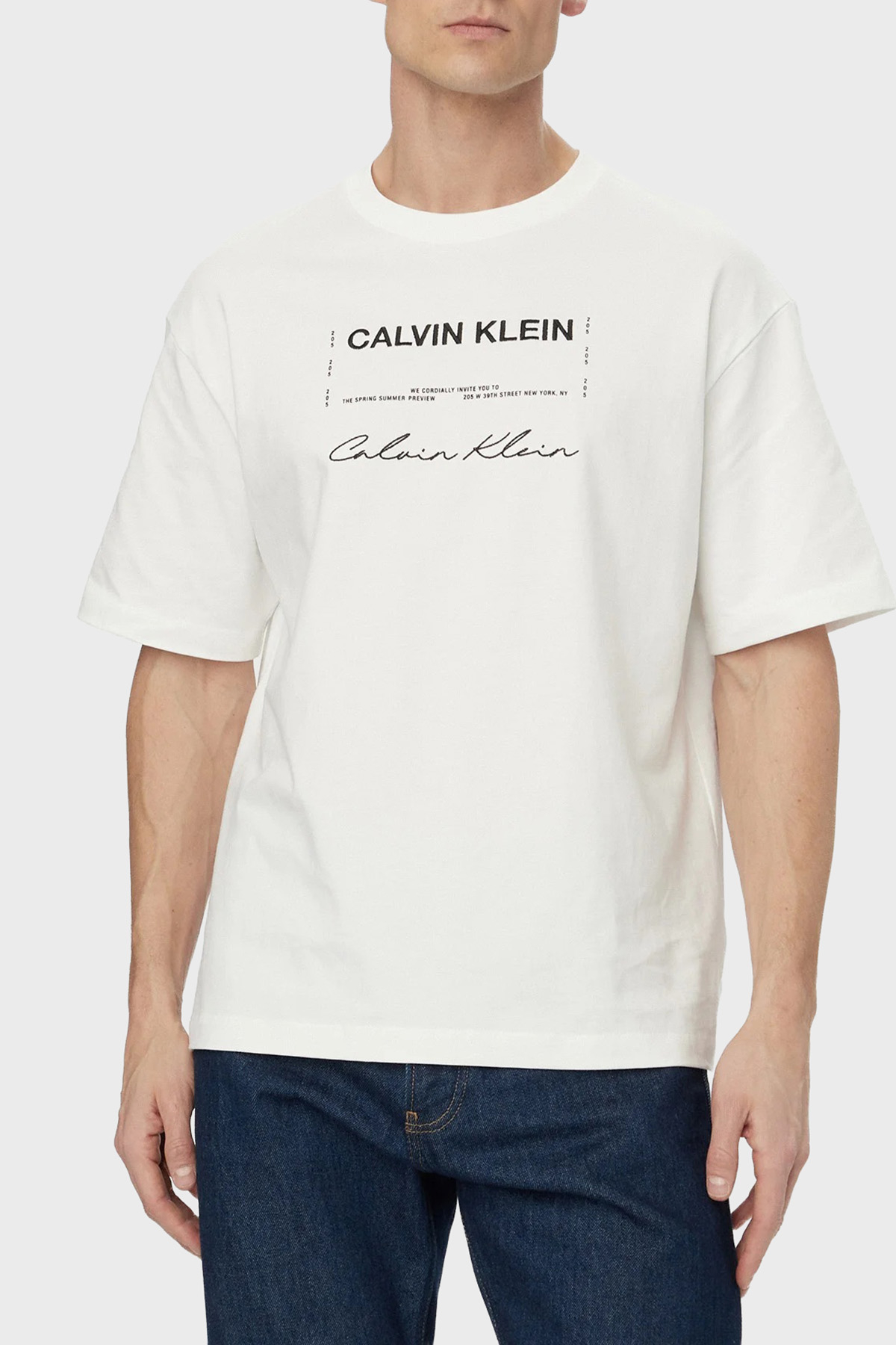 Calvin Klein Pamuklu Relaxed Fit Baskılı Bisiklet Yaka  LV04RE827GYAF Erkek T Shirt LV04RE827G YAF BEYAZ