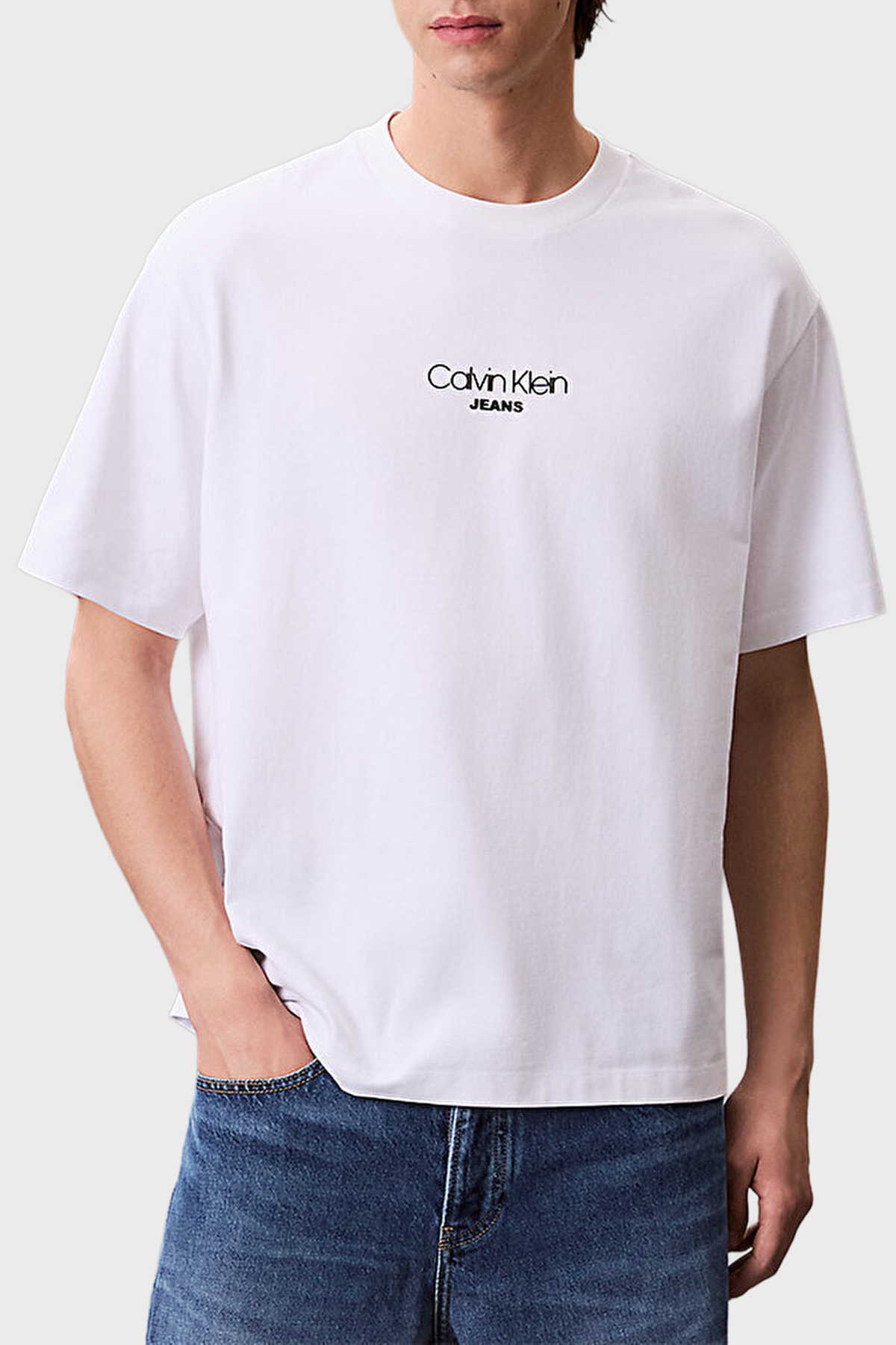 Calvin Klein Pamuklu Relaxed Fit Bisiklet Yaka Logolu  LV04RC851GYAA Erkek T Shirt LV04RC851G YAA BEYAZ