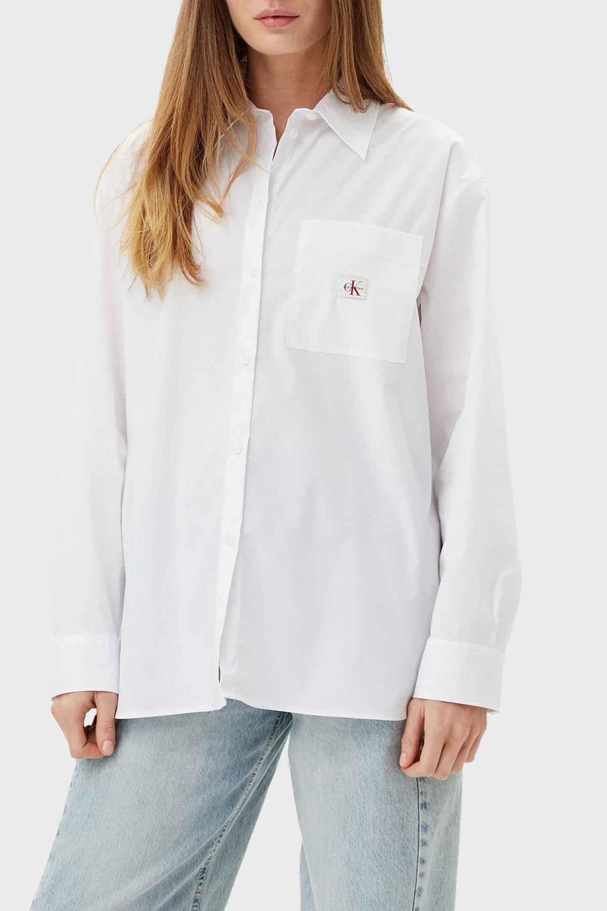 Calvin Klein Pamuklu Relaxed Fit Uzun Kollu Logolu  LV047C143GYAA Kadın Gömlek LV047C143G YAA BEYAZ