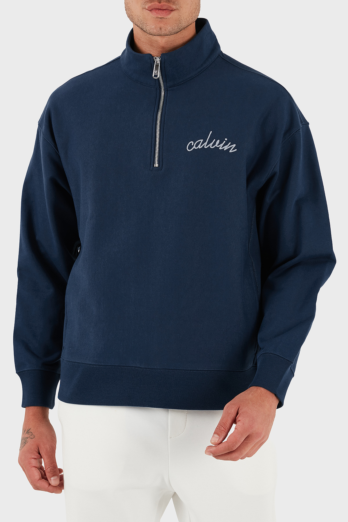 Calvin Klein Pamuklu Relaxed Fit Yarım Fermuarlı Dik Yaka  LV04RC227GC3I Erkek Sweat LV04RC227G C3I LACİVERT