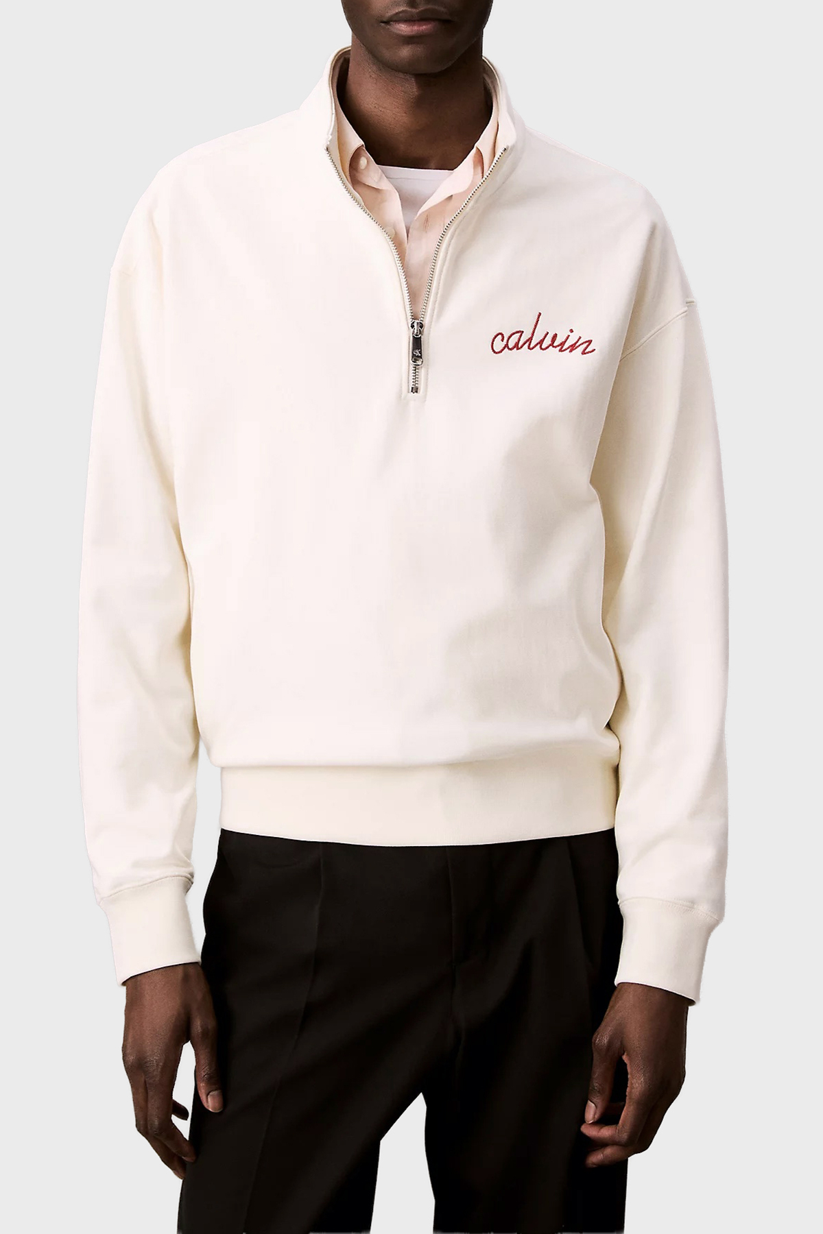 Calvin Klein Pamuklu Relaxed Fit Yarım Fermuarlı Dik Yaka  LV04RC227GYAS Erkek Sweat LV04RC227G YAS BEYAZ