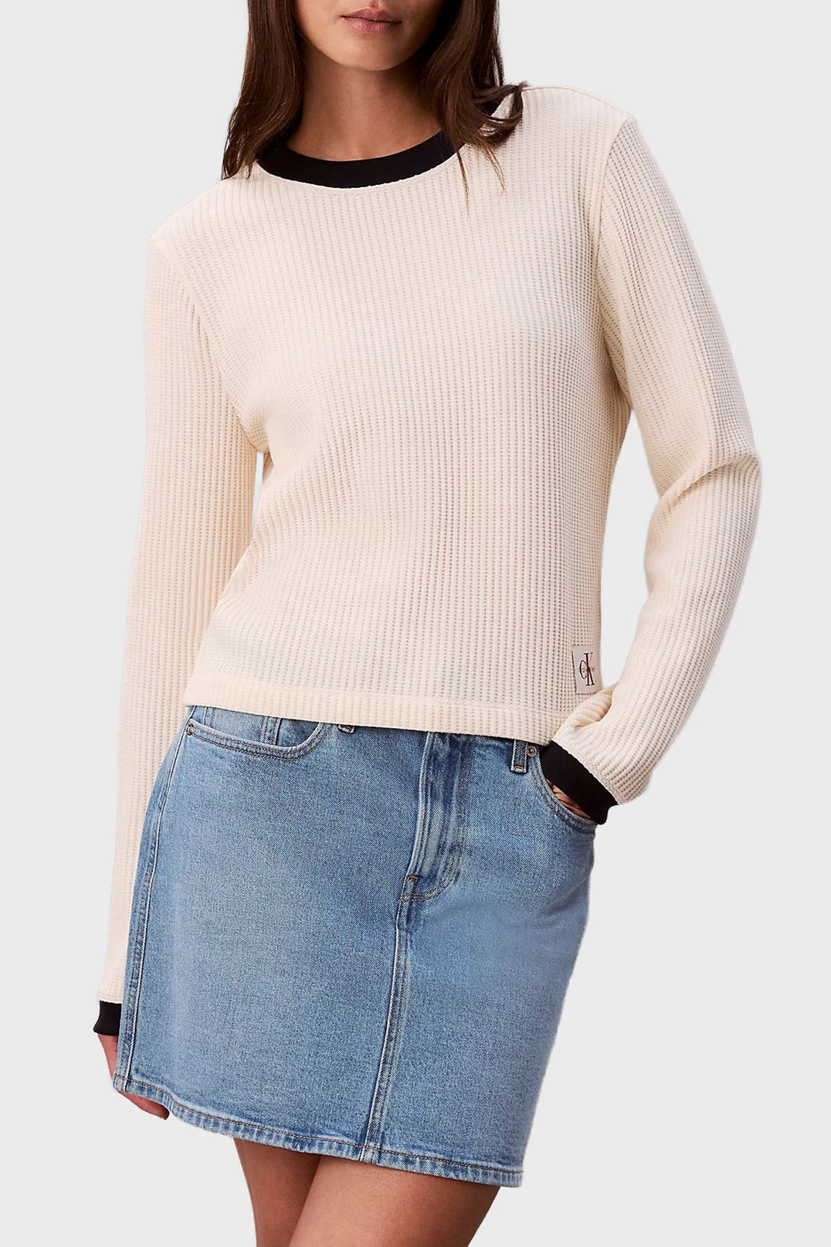 Calvin Klein Pamuklu Slim Fit Bisiklet Yaka  LV047D225GYAM Kadın Kazak LV047D225G YAM EKRU