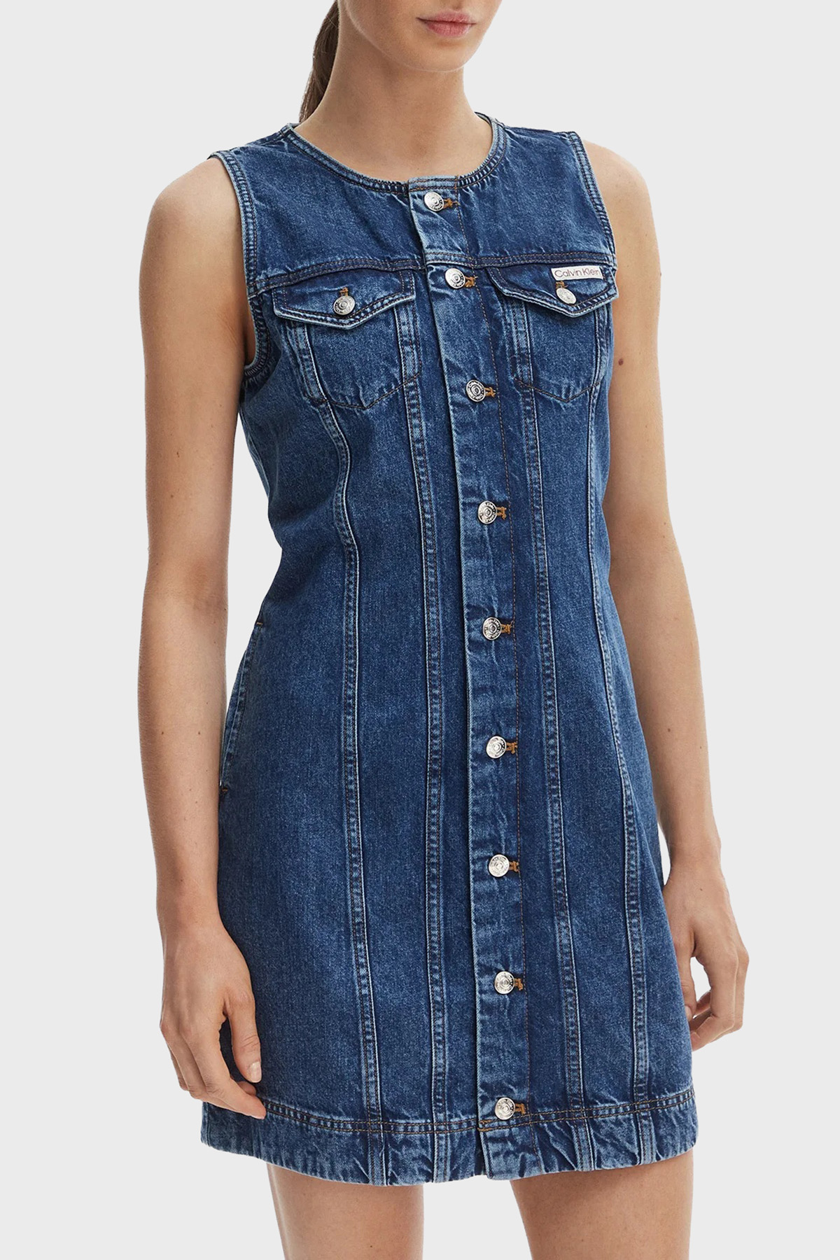 Calvin Klein Pamuklu Slim Fit Düğmeli Yuvarlak Yaka Kot  LV047F761G0LX Kadın Elbise LV047F761G 0LX LACİVERT