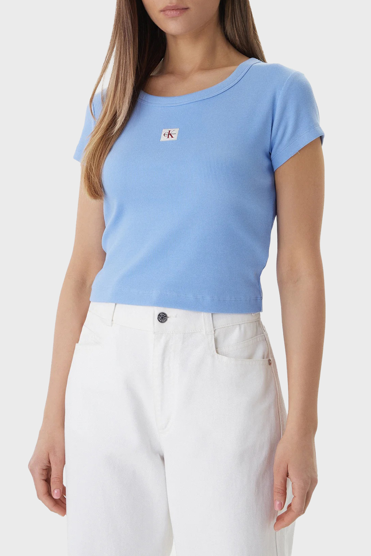 Calvin Klein Pamuklu Slim Fit Logolu Bisiklet Yaka  LV047C200GC32 Kadın T Shirt LV047C200G C32 MAVİ