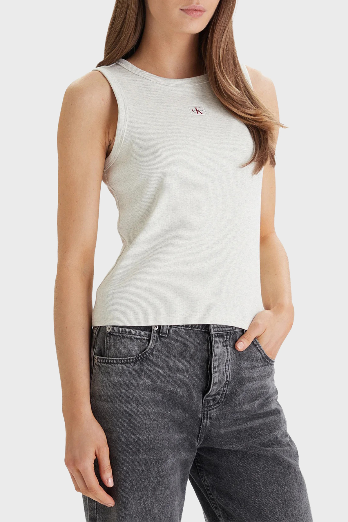Calvin Klein Pamuklu Slim Fit Logolu Bisiklet Yaka  LV047C201GP4P Kadın Top LV047C201G P4P GRİ