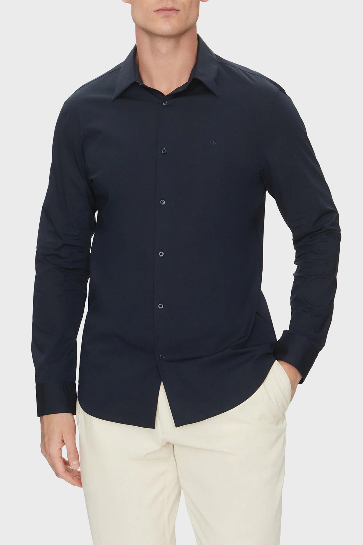 Calvin Klein Pamuklu Slim Fit Uzun Kollu Logolu  LV04LB145GCEF Erkek Gömlek LV04LB145G CEF LACİVERT