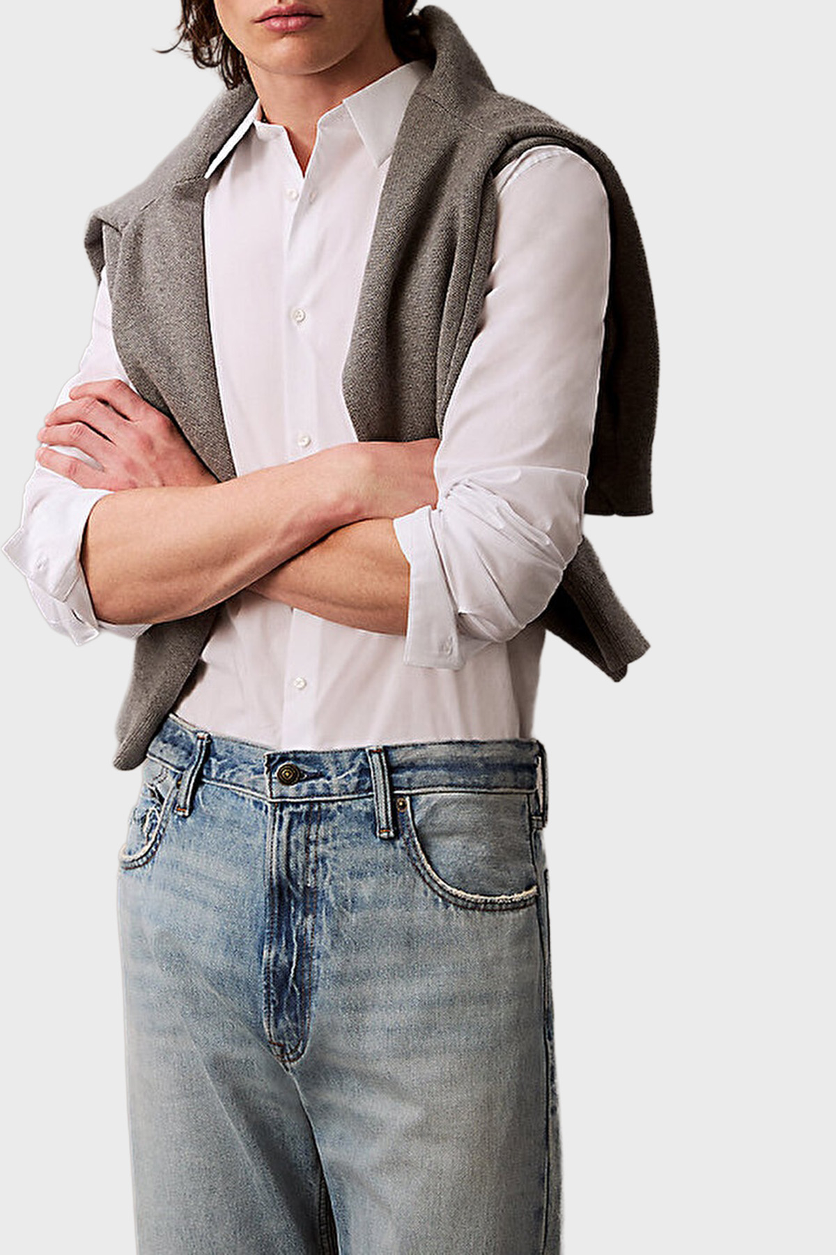 Calvin Klein Pamuklu Slim Fit Uzun Kollu Logolu  LV04LB145GYAA Erkek Gömlek LV04LB145G YAA BEYAZ