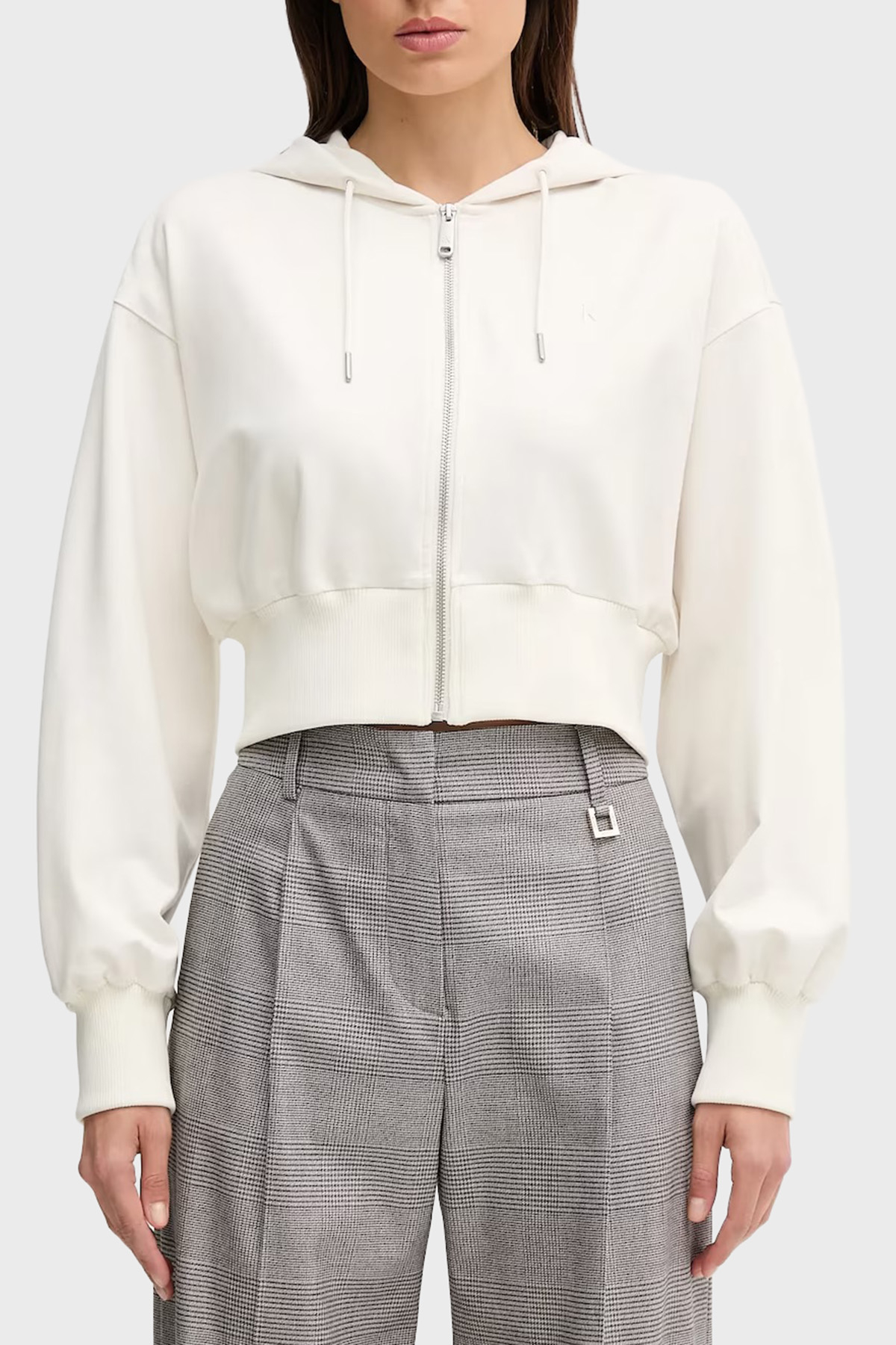 Calvin Klein Regular Fit Kapüşonlu Fermuarlı Logolu Crop  LV047C247GYAS Kadın Sweat LV047C247G YAS BEYAZ