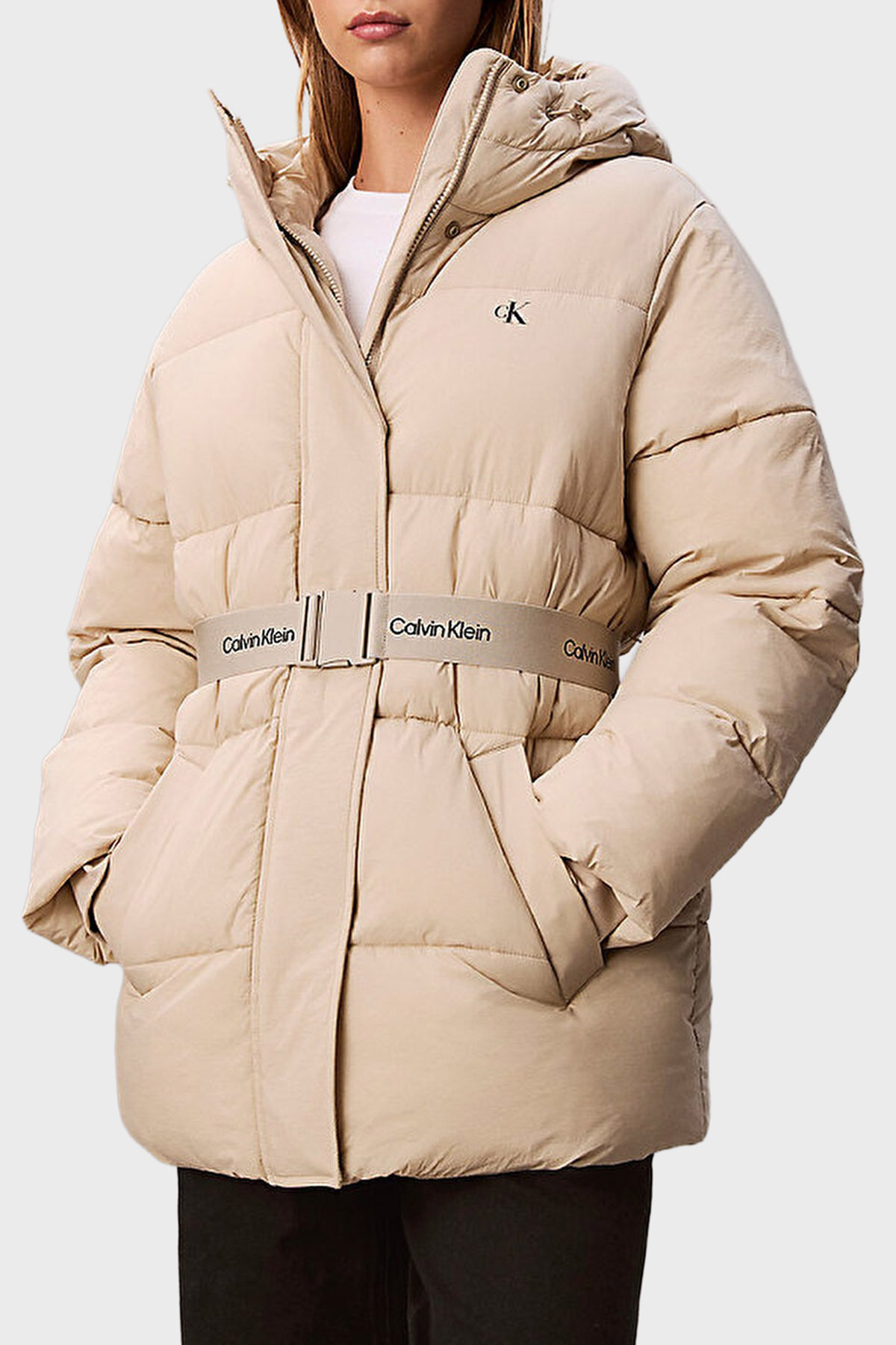 Calvin Klein Regular Fit Kapüşonlu Kemer Detaylı Suya Dayanıklı  LV047D507GNSU Kadın Mont LV047D507G NSU BEJ