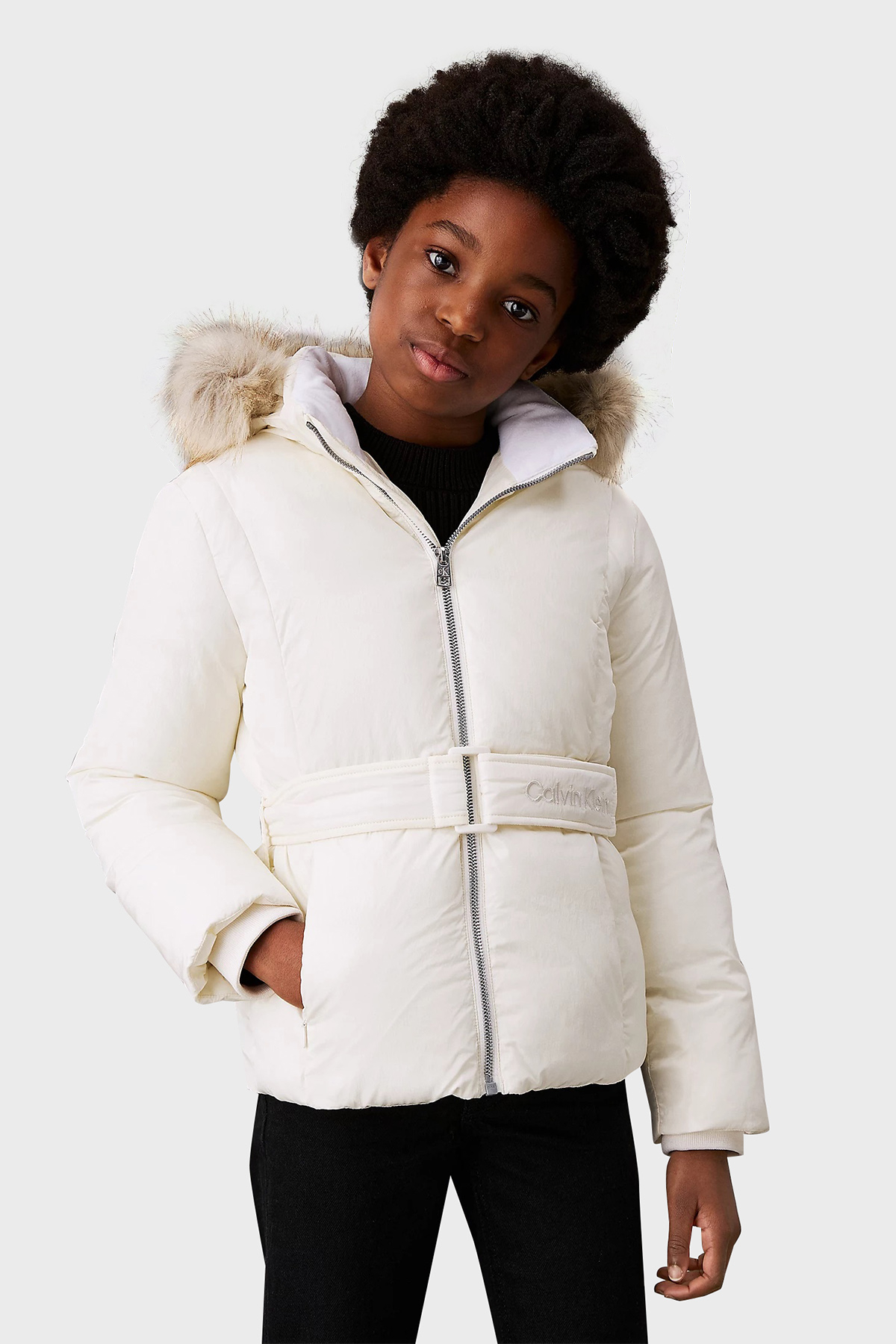 Calvin Klein Regular Fit Kapüşonlu Logolu Kemerli  IG0IG02685YBI Çocuk Mont IG0IG02685 YBI BEYAZ