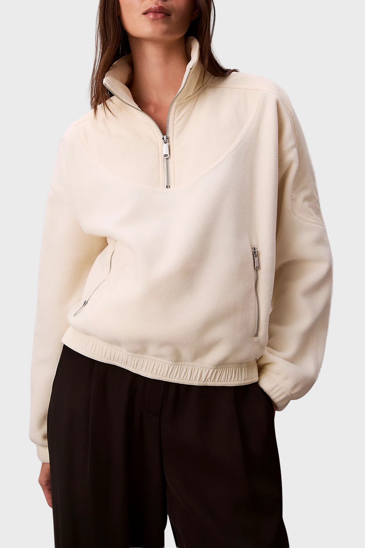 Calvin Klein Regular Fit Yarım Fermuarlı Dik Yaka Polar  LV047D231GYAS Kadın Sweat LV047D231G YAS BEYAZ