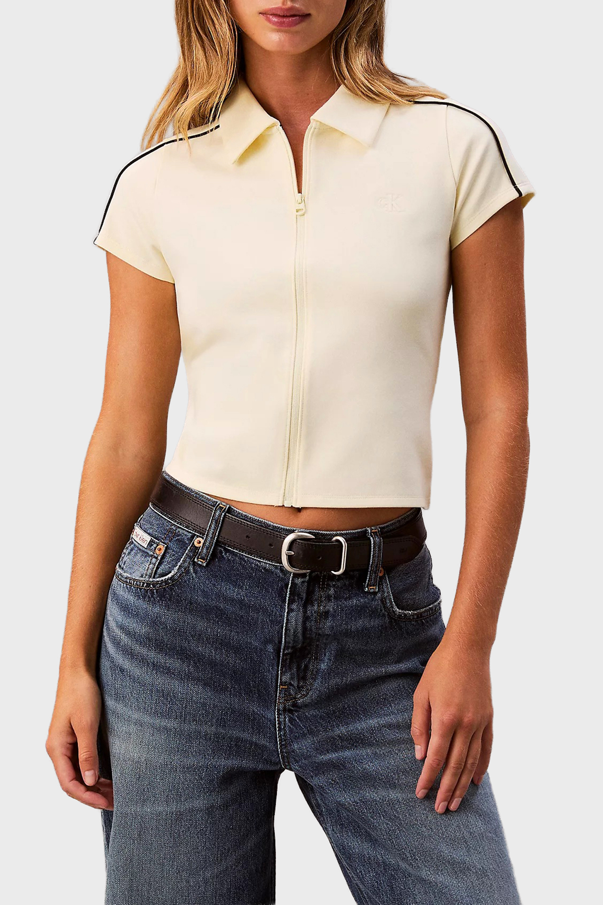 Calvin Klein Şerit Detaylı Slim Fit Fermuarlı Crop  LV047E212G2EW Kadın Polo LV047E212G 2EW SARI