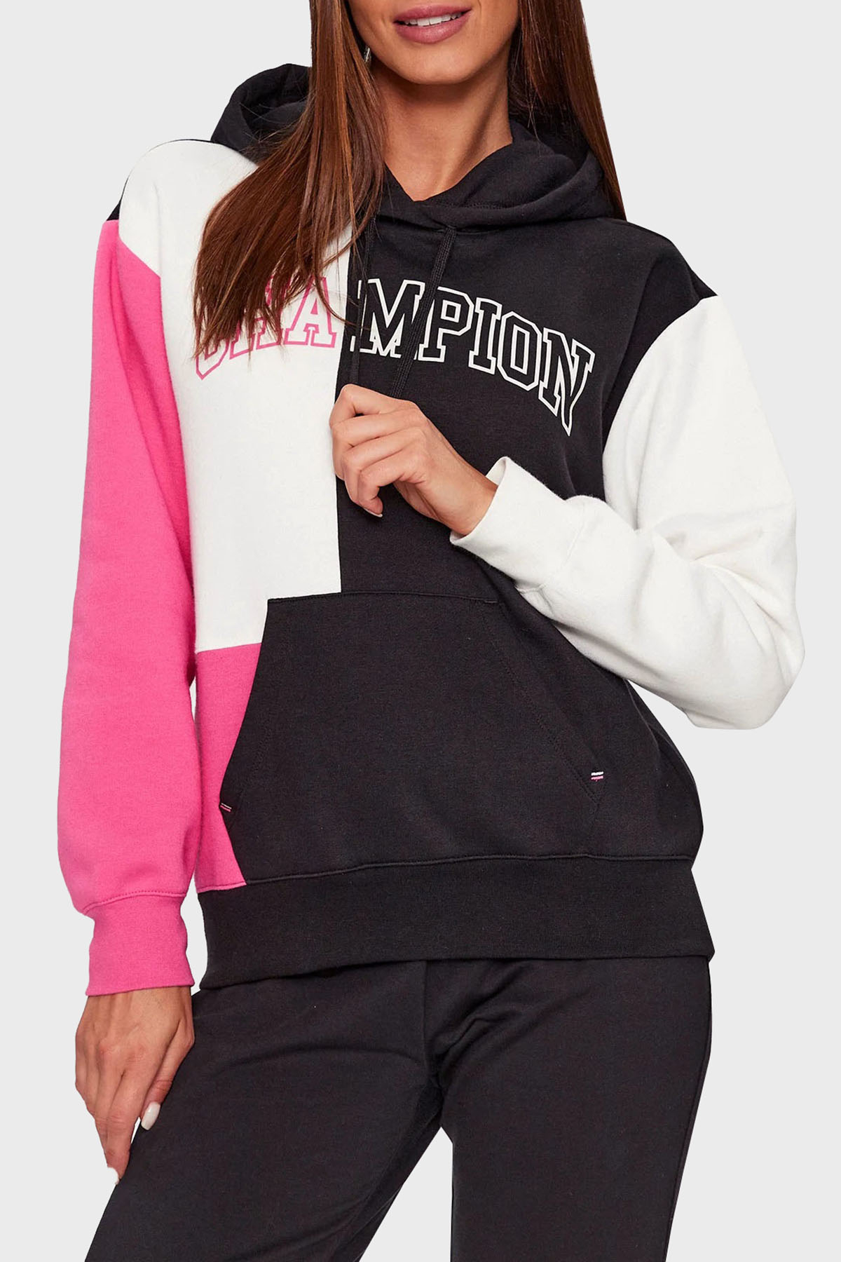 Champion Pamuklu İçi Polarlı Kapüşonlu Bayan Sweat 116742 NBK/WAY/FPL KK001 SİYAH-BEYAZ