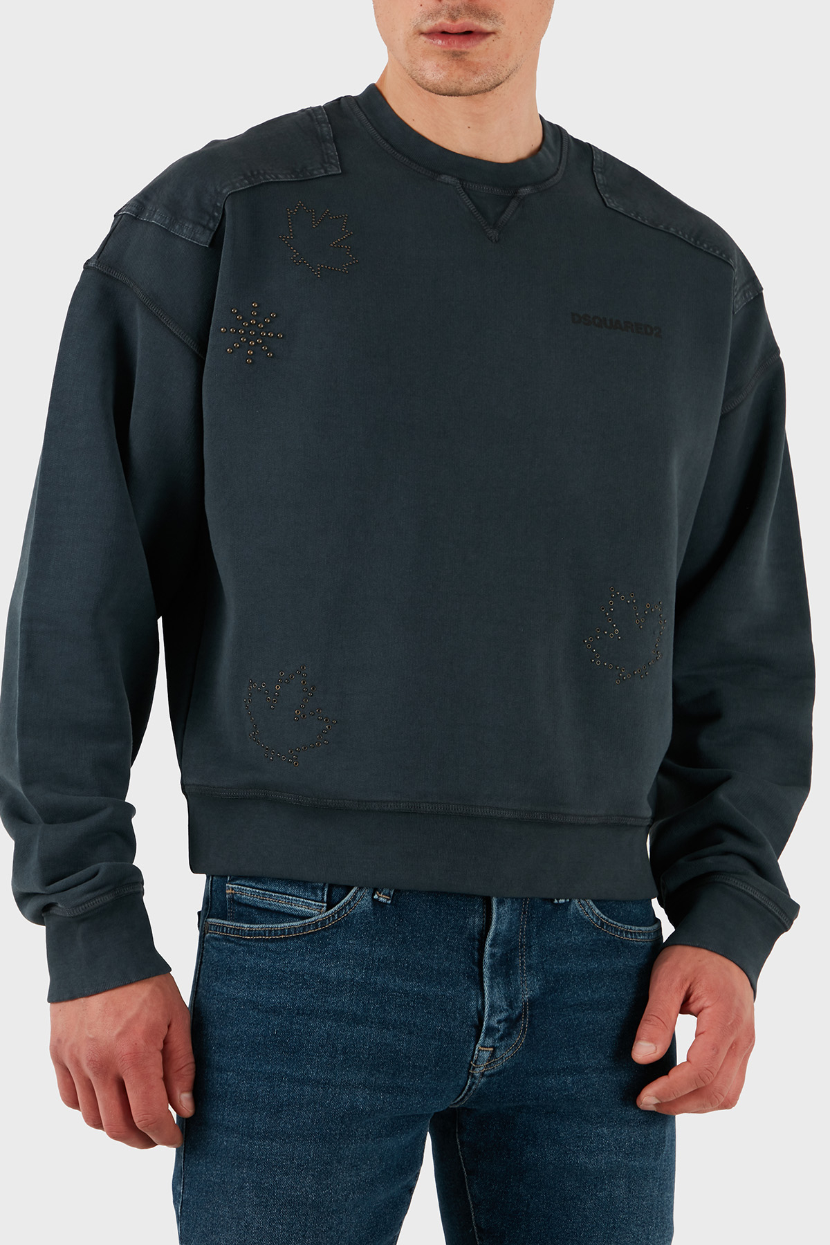 Dsquared2 Streç Pamuklu Regular Fit Zımba Detaylı Bisiklet Yaka Erkek Sweat S74GU0752 S25539 814 ANTRASİT