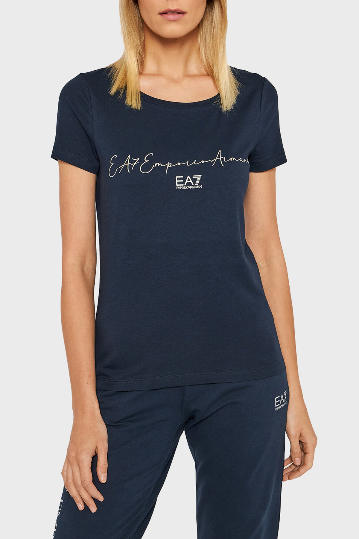 EA7 Baskılı Regular Fit Bisiklet Yaka Pamuklu Kadın T Shirt 3LTT16 TJCRZ 1554 LACİVERT