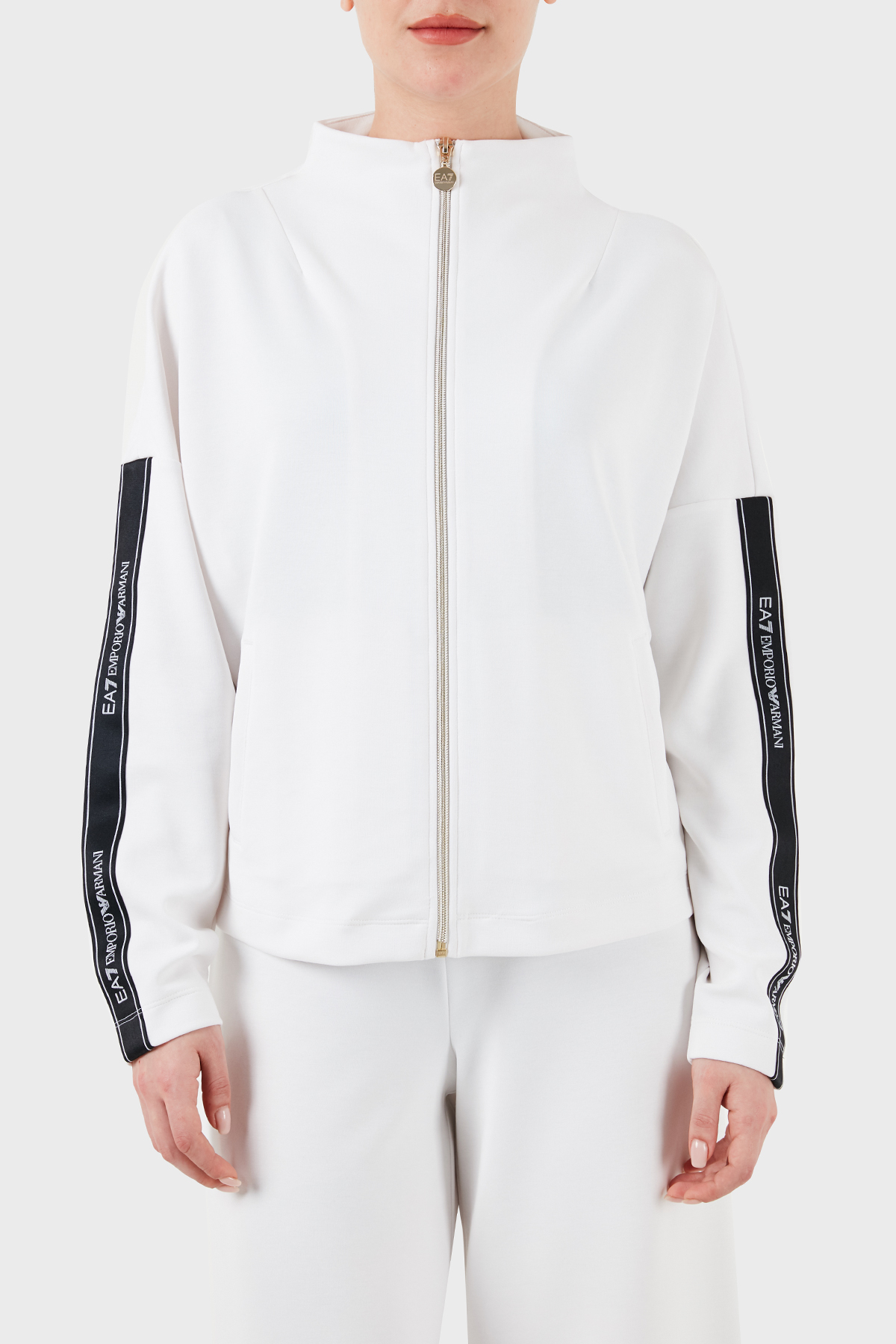 EA7 Logo Bantlı Fermuarlı Dik Yaka Cepli Regular Fit Kadın Sweat 3DTM24 TJDCZ 1100 BEYAZ