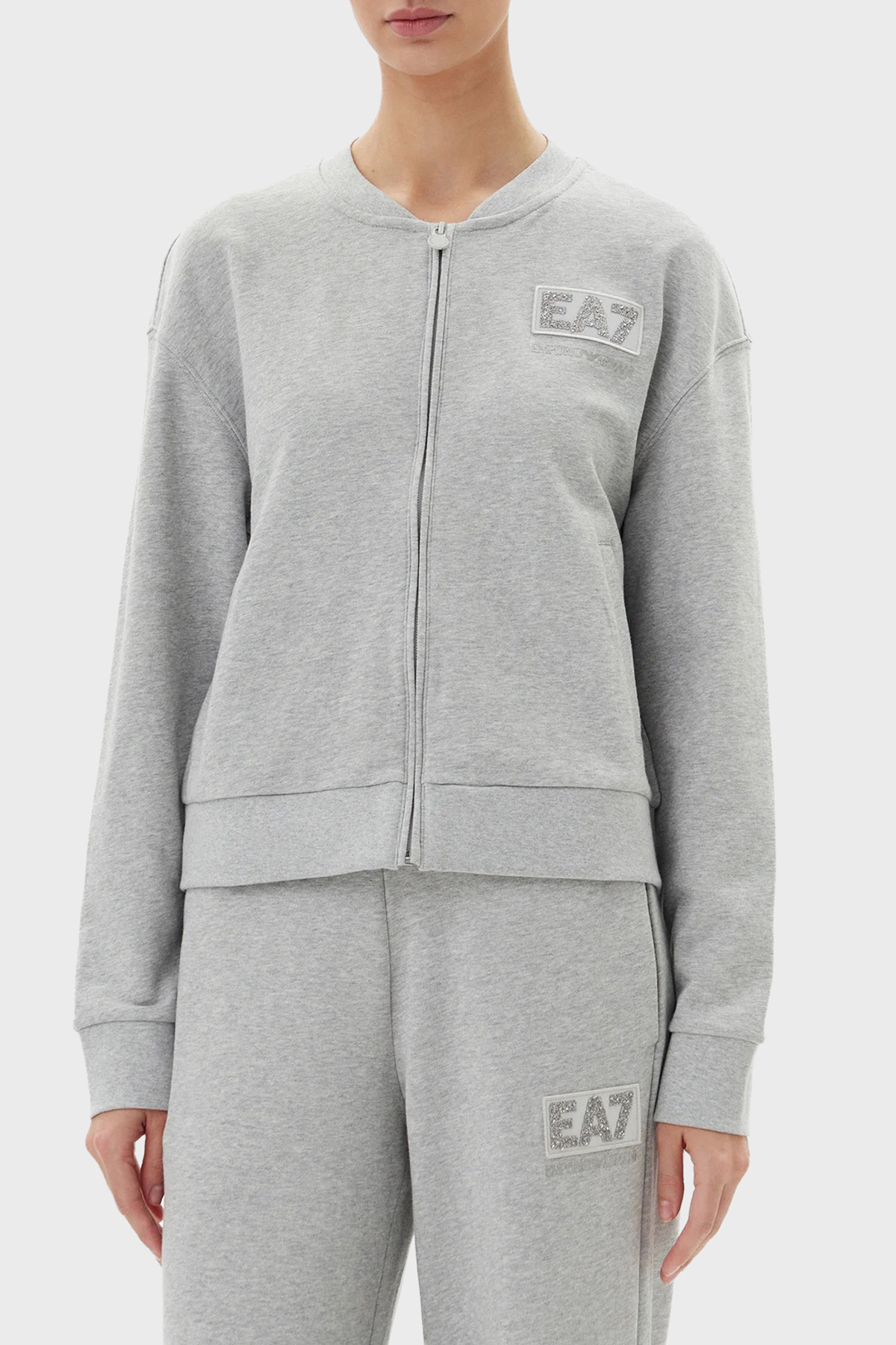 EA7 Logolu Streç Pamuklu Regular Fit Kolej Yaka Kadın Sweat 7W000178 AF12473 O8002 GRİ