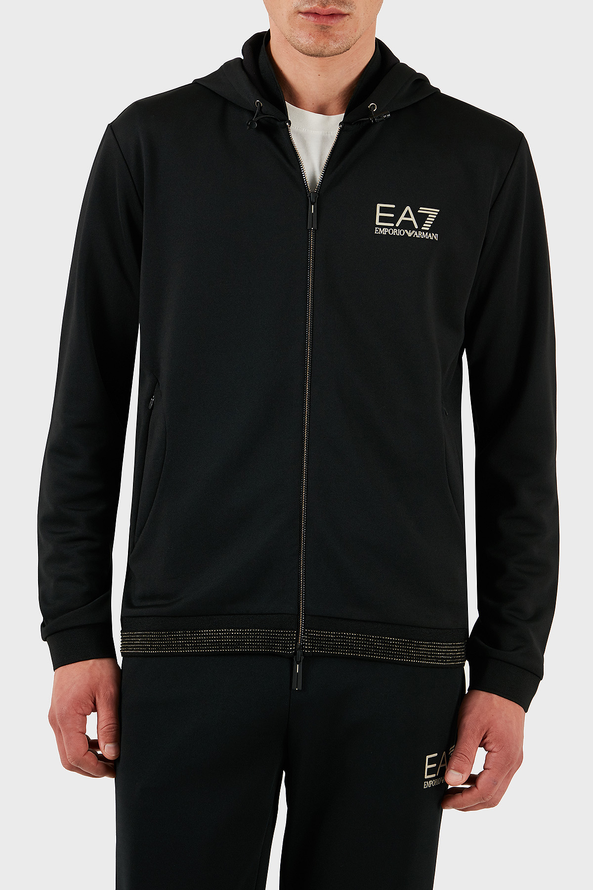 EA7 Modal Karışımlı Regular Fit Taş Detaylı Kapüşonlu Erkek Sweat 7M000304 AF13740 UC001 SİYAH