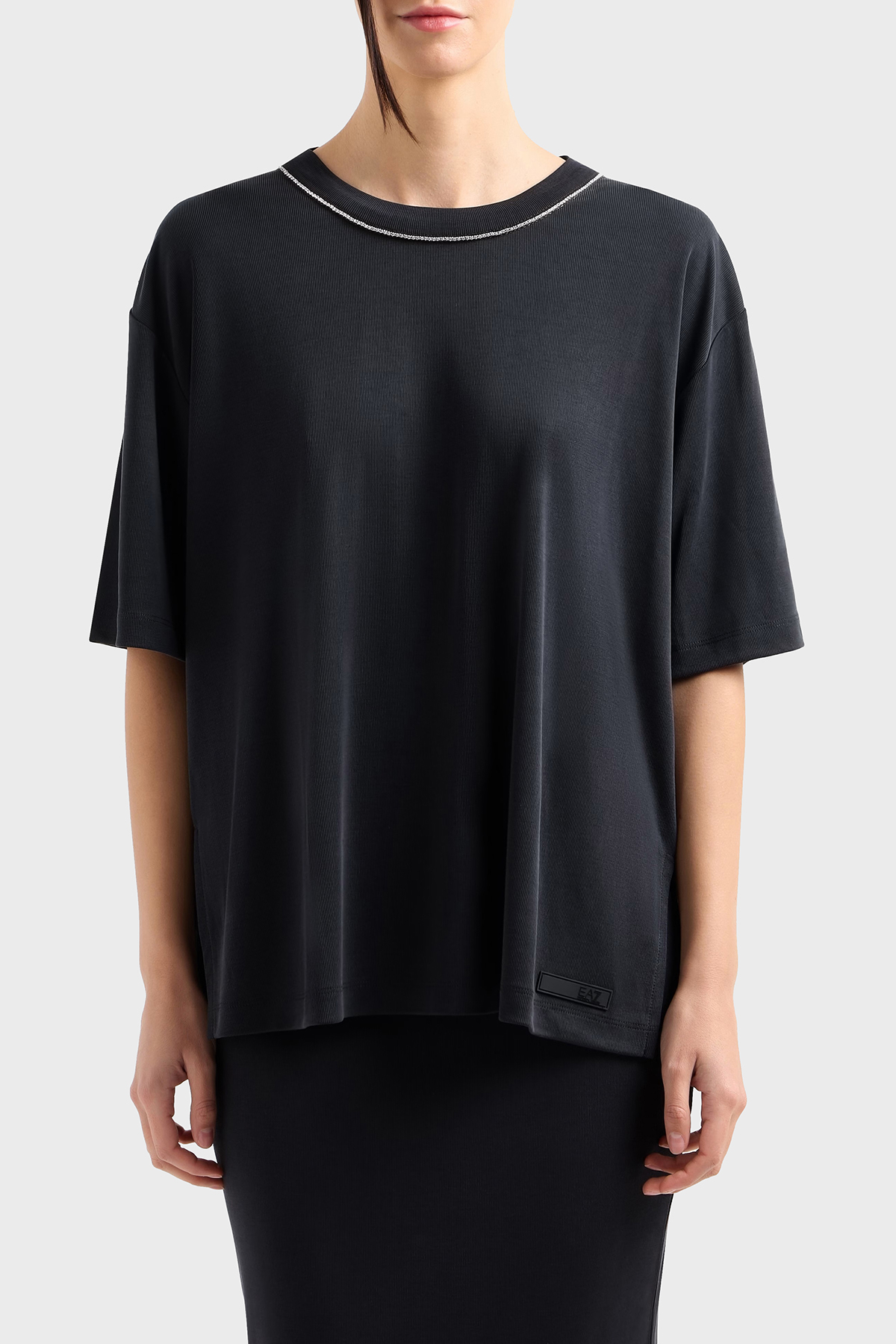 EA7 Oversize Fit Bisiklet Yaka Taş Detaylı Kadın T Shirt 7W000340 AF12956 UC001 SİYAH