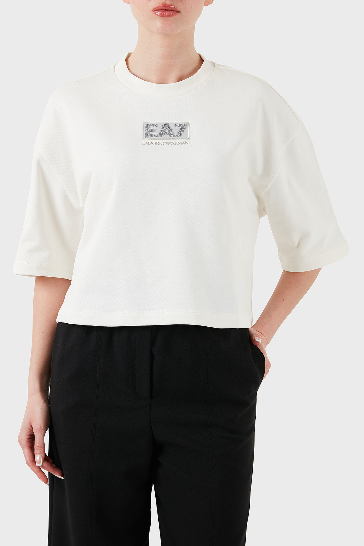 EA7 Pamuk Karışımlı Regular Fit Bisiklet Yaka Logolu Kadın T Shirt 7W000177 AF12473 U0005 EKRU