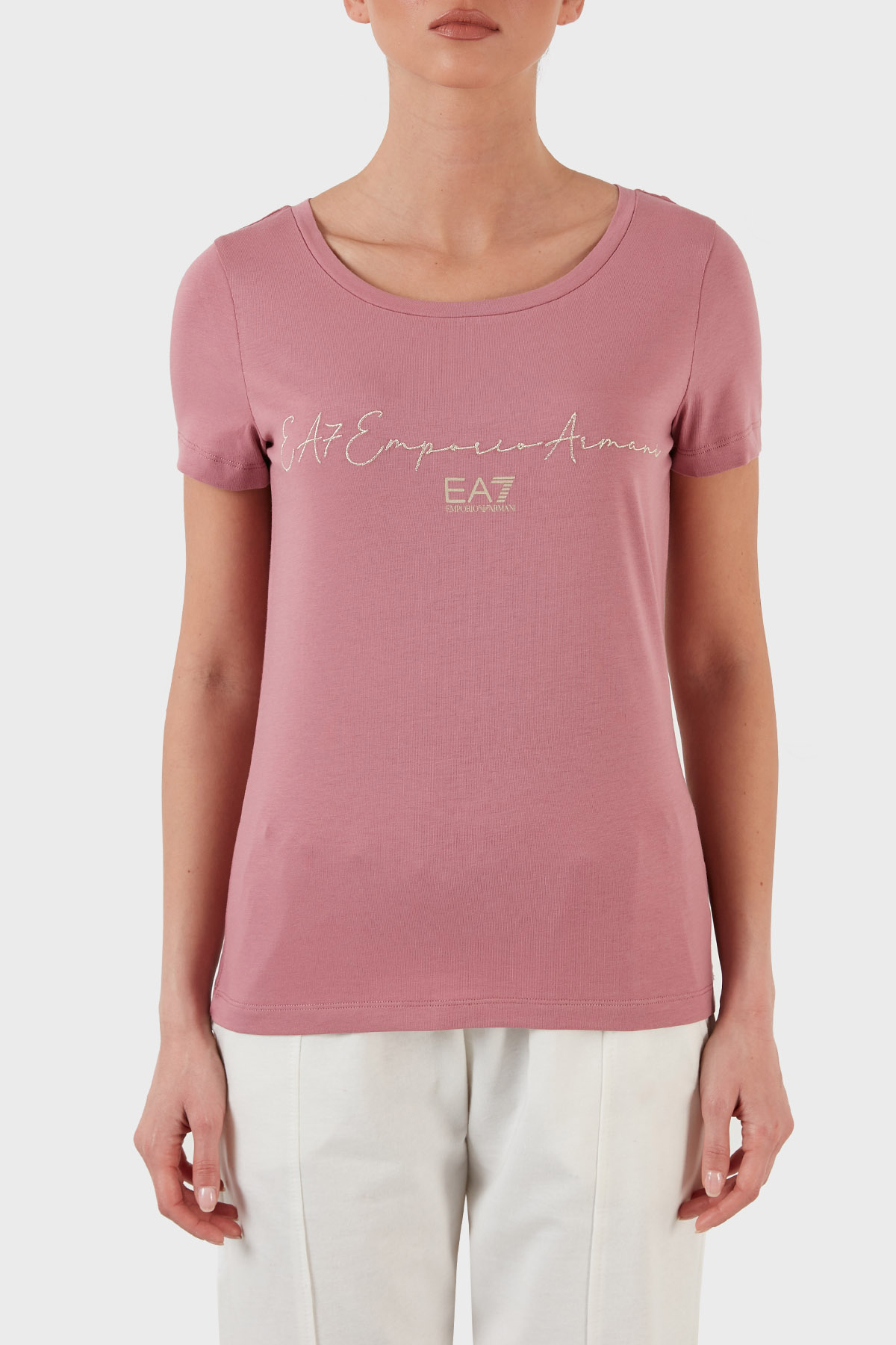EA7 Pamuklu Baskılı Regular Fit Bisiklet Yaka Kadın T Shirt 3LTT16 TJCRZ 1413 PEMBE