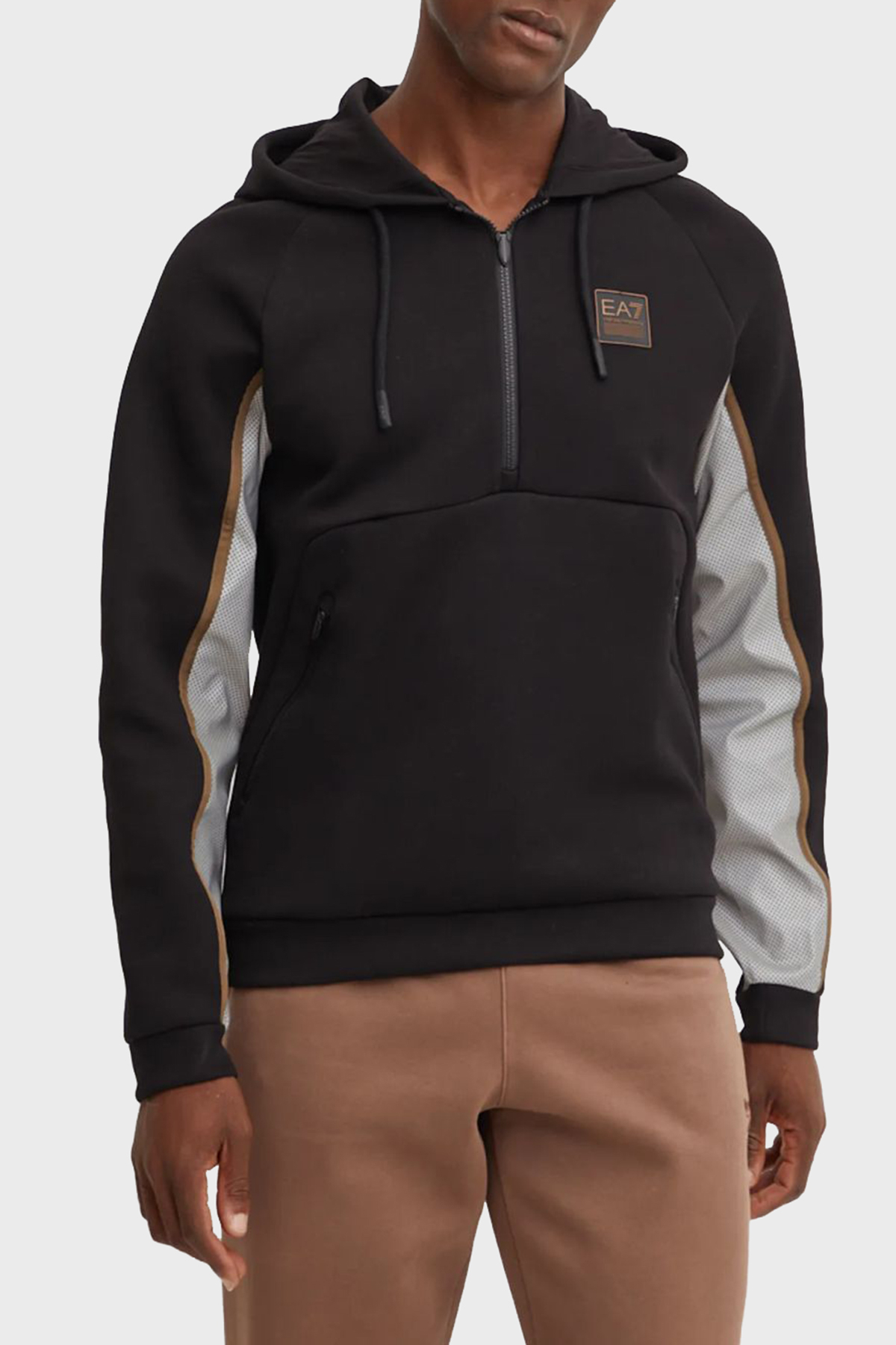 EA7 Pamuklu Regular Fit Renk Bloklu Yarım Fermuarlı Kapüşonlu Erkek Sweat 6DPM37 PJODZ 1200 SİYAH