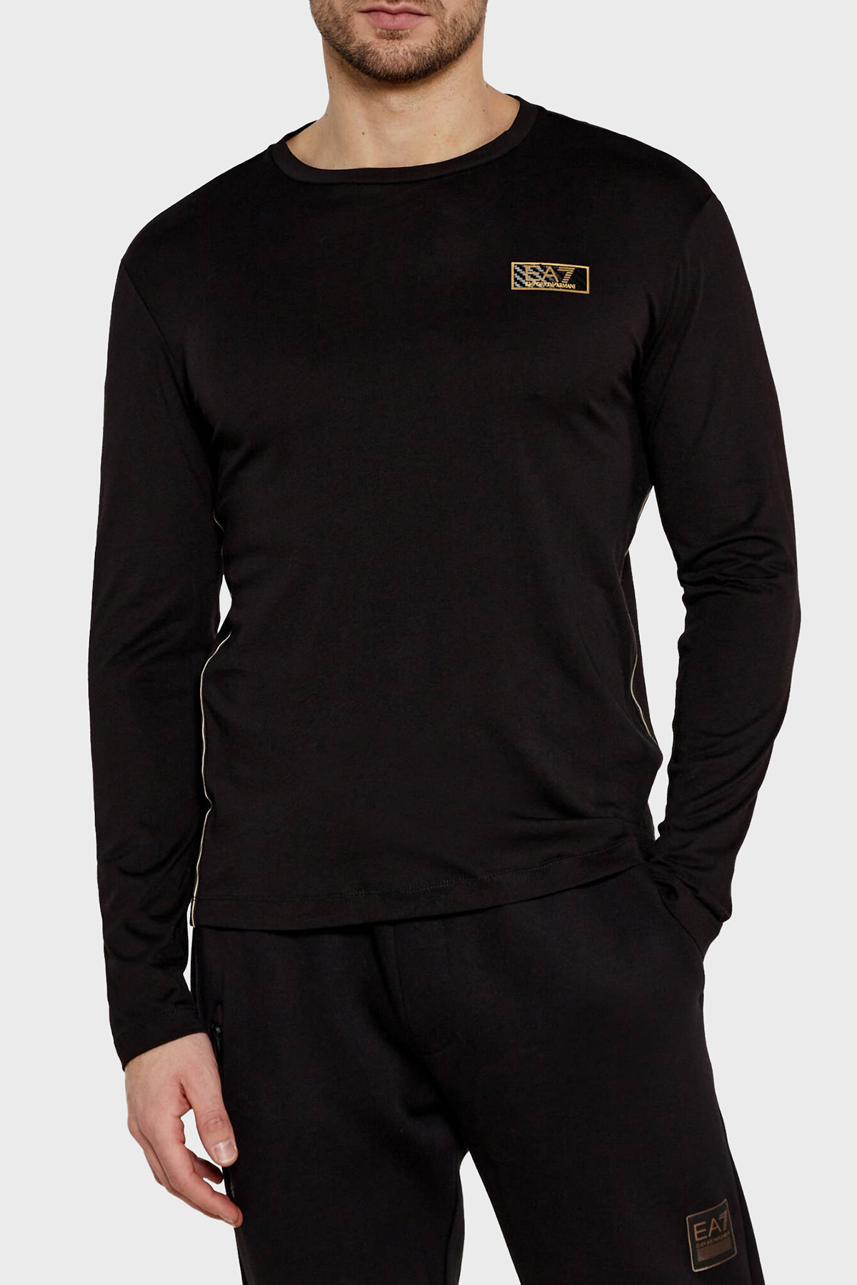 EA7 Pamuklu Slim Fit Bisiklet Yaka Uzun Kollu Erkek T Shirt 7M000008 AF10170 UC001 SİYAH