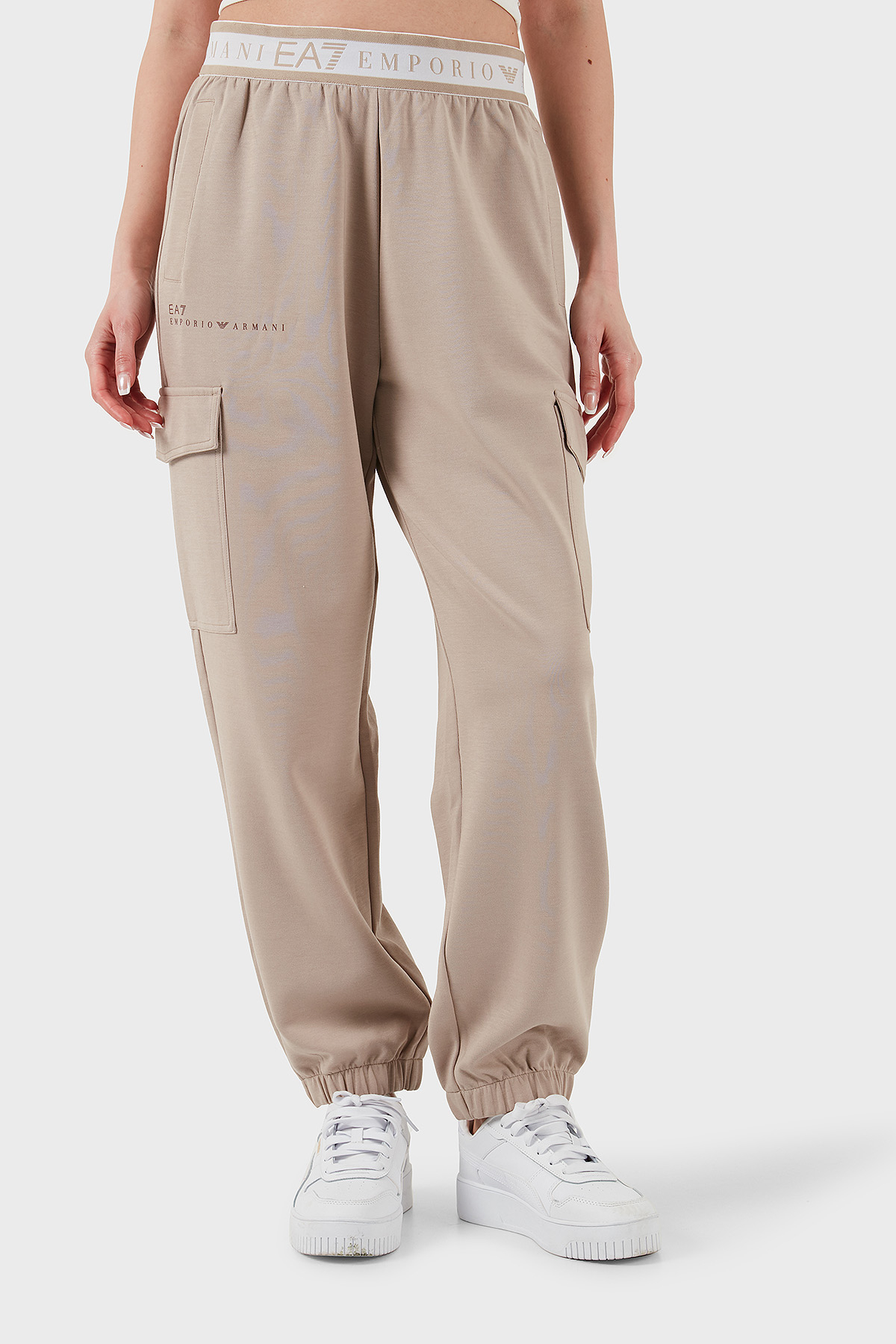 EA7 Regular Fit Normal Bel Ribanalı Paça Logolu Jogger Kadın Pantolon 7W000282 AF12501 U6155 BEJ