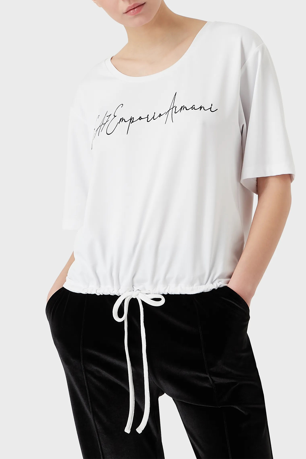 EA7 Relaxed Fit Bağlama Detaylı Bisiklet Yaka Kadın T Shirt 6LTT29 TJDFZ 1100 BEYAZ