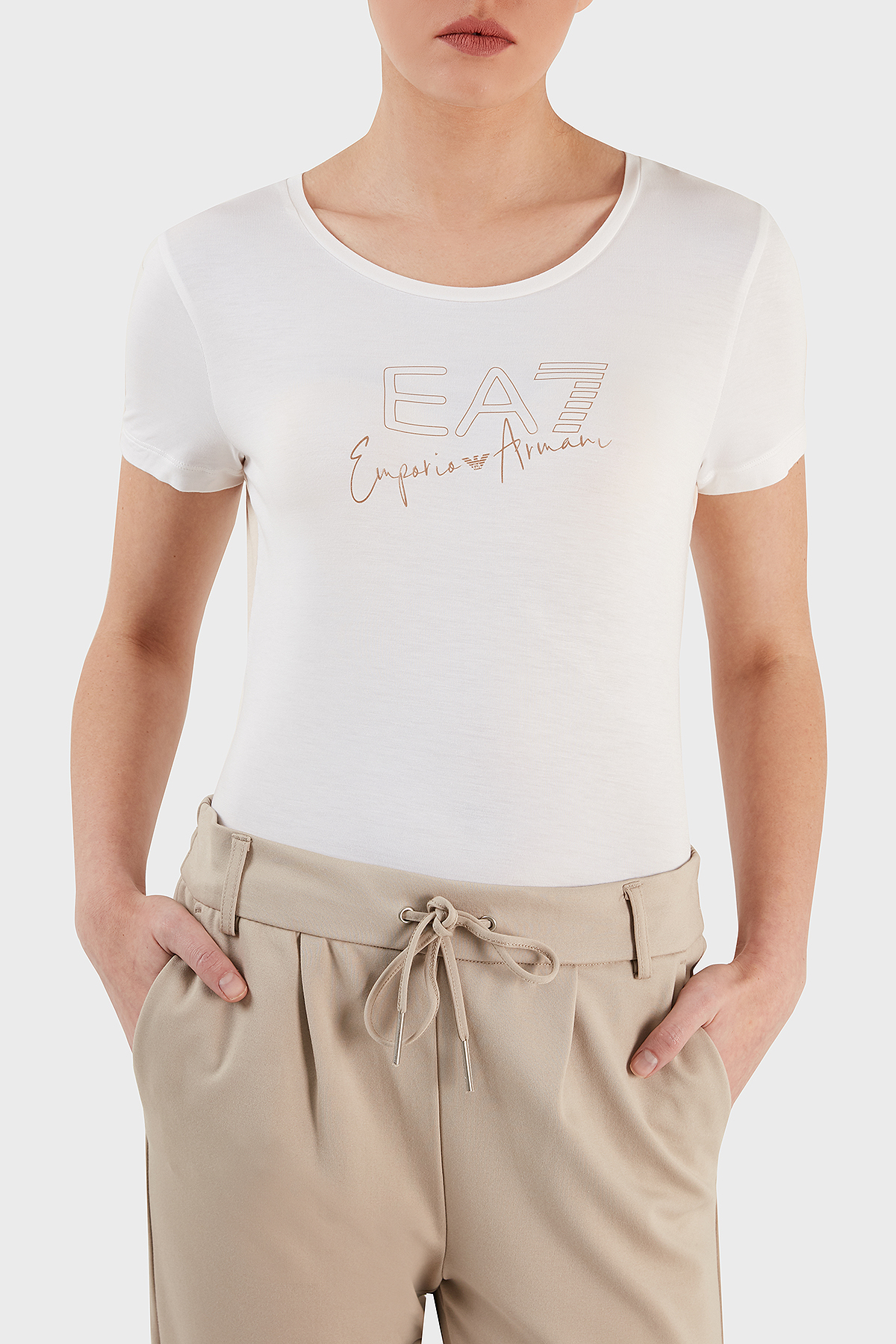 EA7 Slim Fit Bisiklet Yaka Kadın T Shirt 3RTT21 TJKMZ 1100 BEYAZ