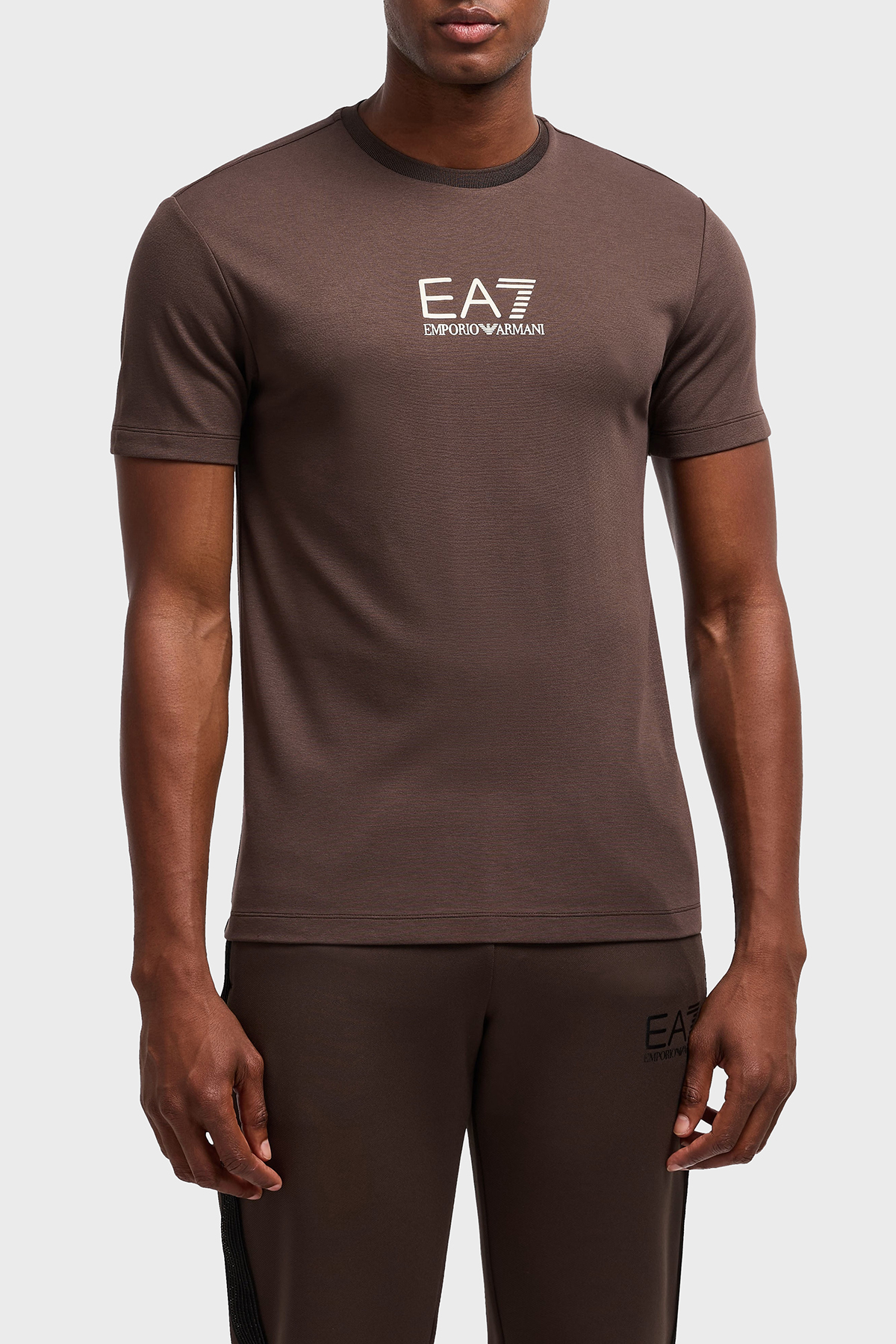 EA7 Streç Logolu Slim Fit Bisiklet Yaka Erkek T Shirt 7M000301 AF13739 U6139 KAHVE