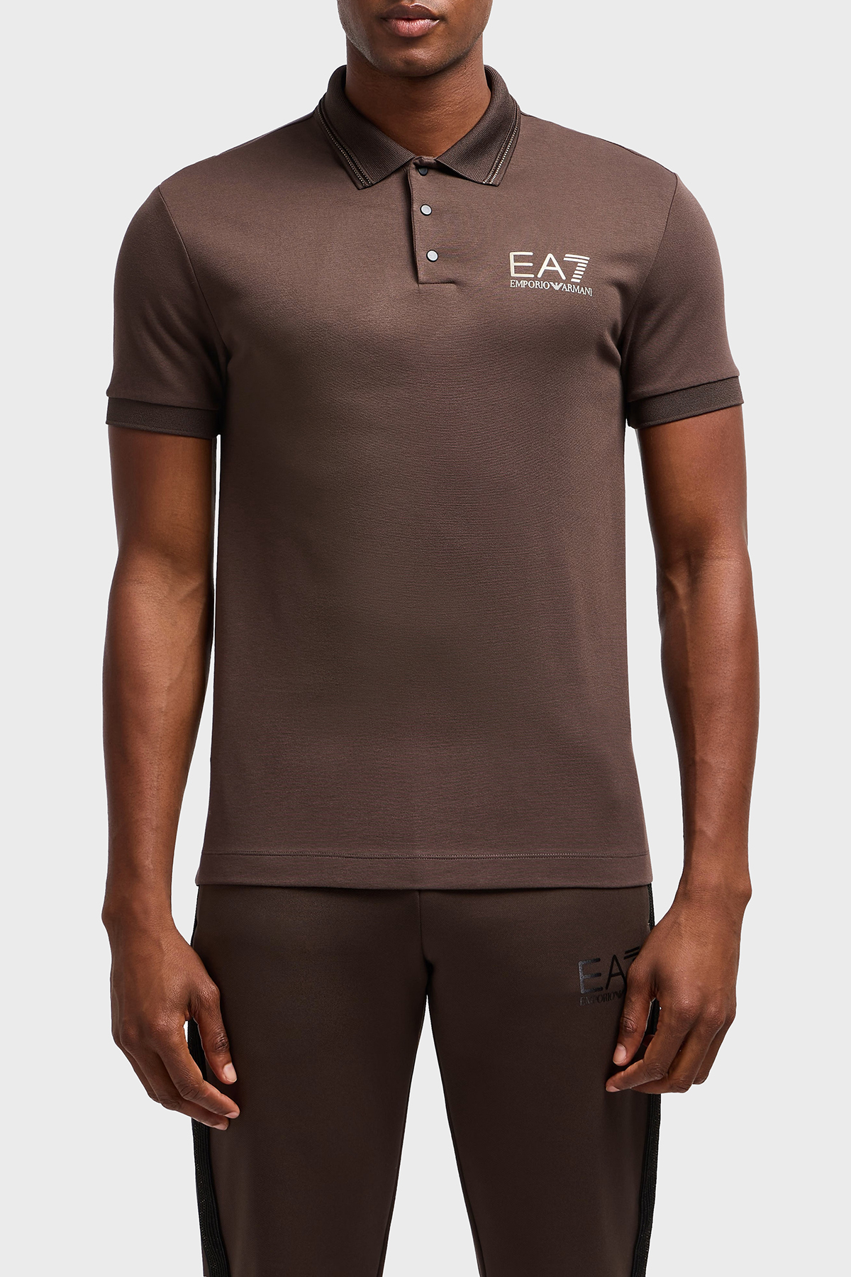 EA7 Streç Logolu Slim Fit Düğmeli Erkek Polo Yaka T Shirt 7M000300 AF13739 U6139 KAHVE