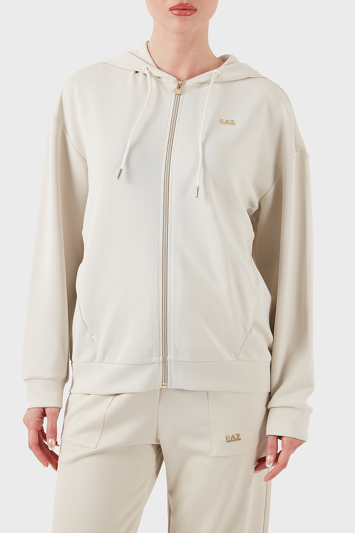 EA7 Streç Modal Karışımlı Relaxed Fit Kapüşonlu Yaka Kadın Sweat 7W000192 AF12643 U1112 KREM