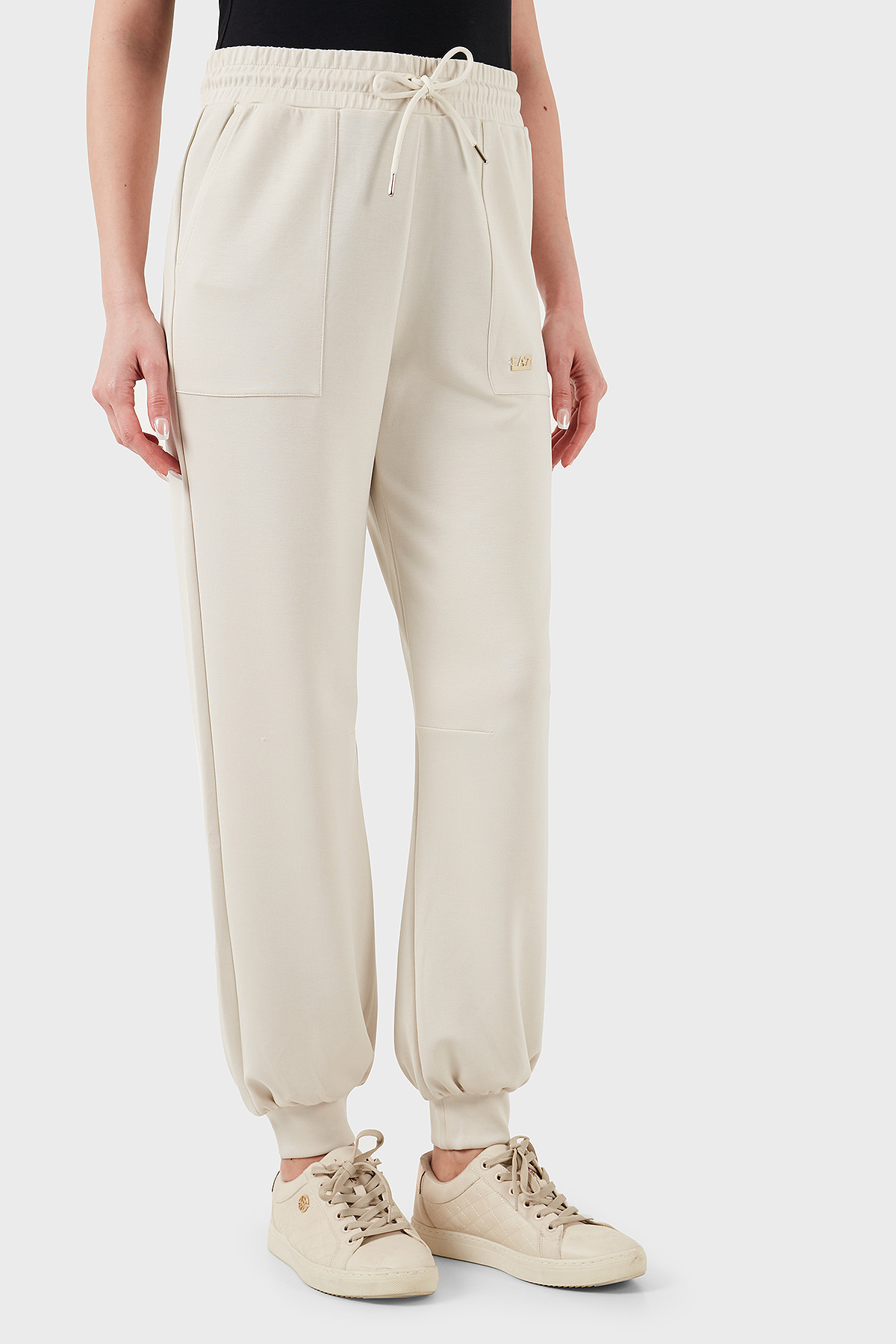 EA7 Streç Modal Karışımlı Relaxed Fit Yüksek Bel Ribanalı Paça Jogger Kadın Pantolon 7W000193 AF12643 U1112 BEJ