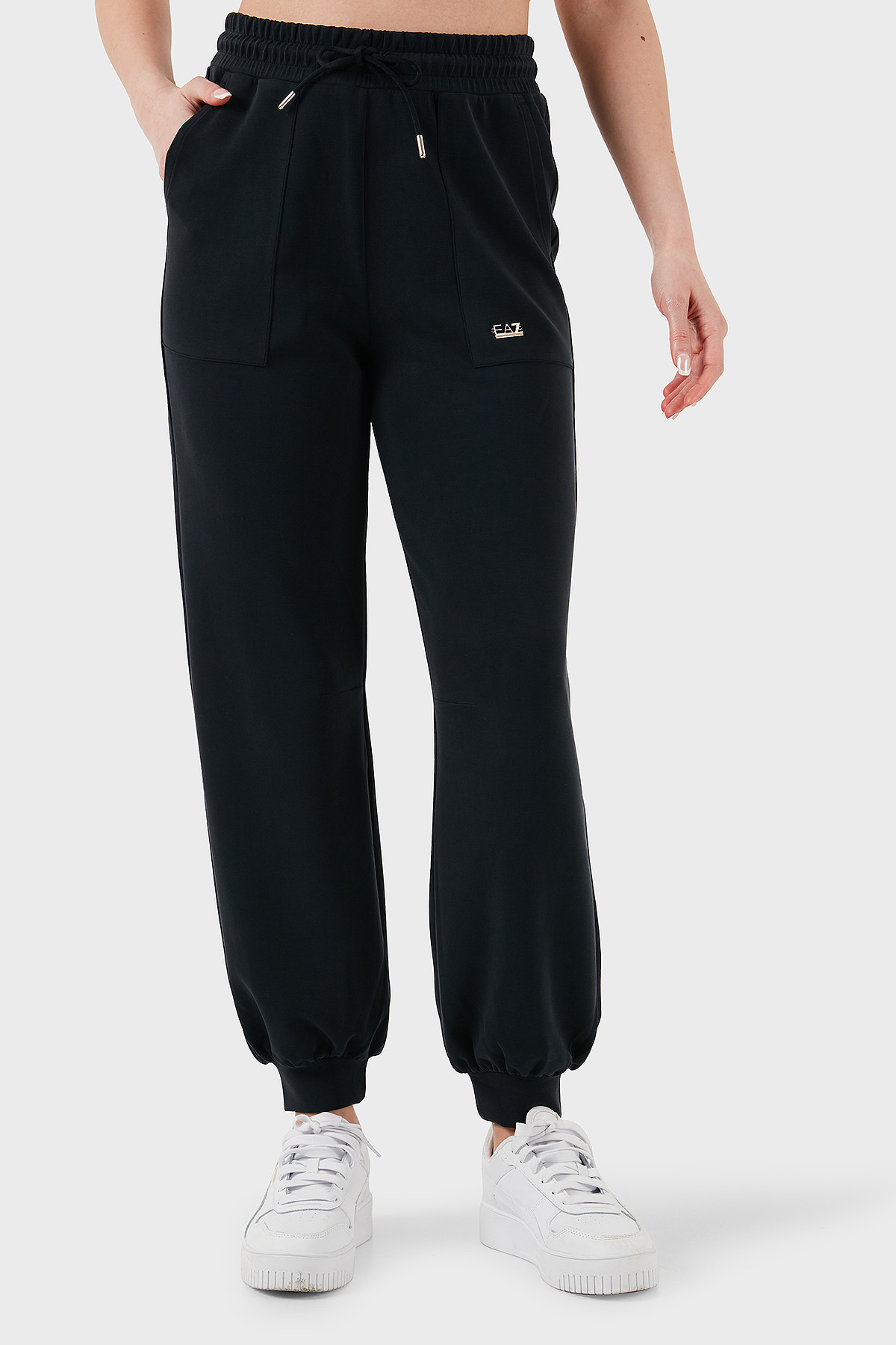 EA7 Streç Modal Karışımlı Relaxed Fit Yüksek Bel Ribanalı Paça Jogger Kadın Pantolon 7W000193 AF12643 UC001 SİYAH