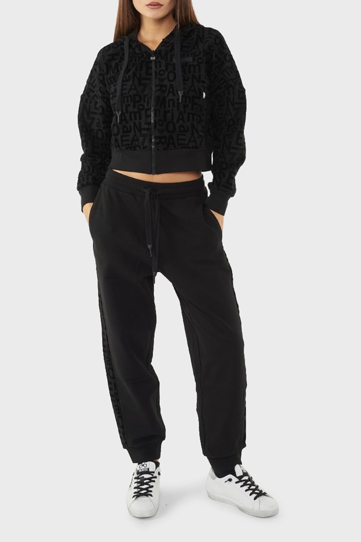 EA7 Streç Pamuklu Logo Baskılı Relaxed Fit Kapüşonlu Crop Kadın Sweat 7W000007 AF10195 UC001 SİYAH