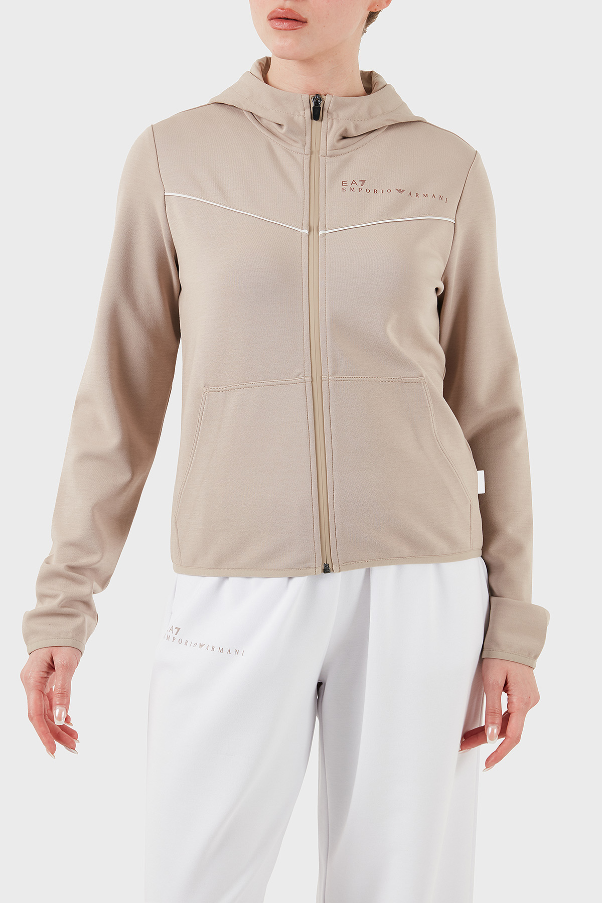 EA7 Streç Pamuklu Regular Fit Kapüşonlu Kadın Sweat 7W000278 AF12501 U6155 BEJ