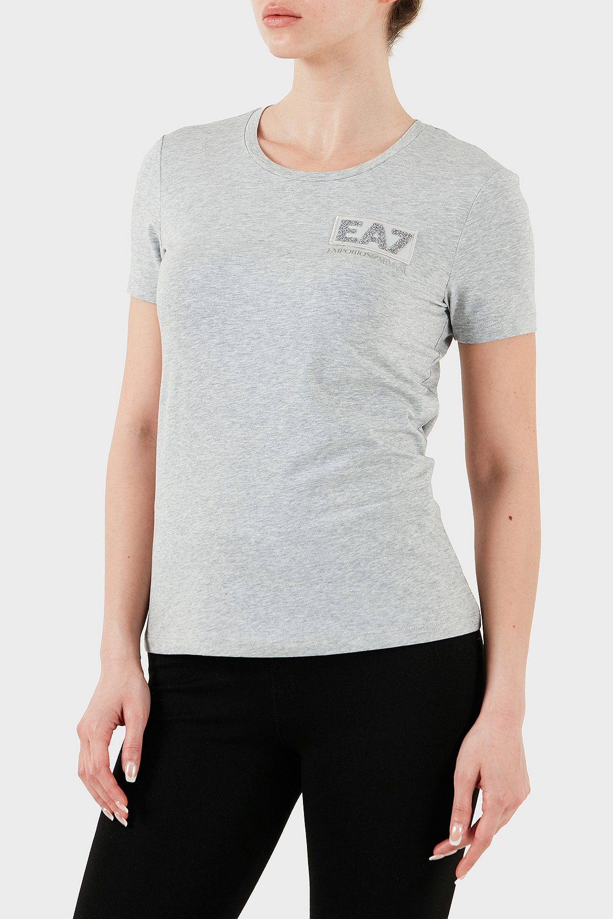 EA7 Taşlı Logolu Streç Pamuklu Regular Fit Yuvarlak Yaka Kadın T Shirt 7W000492 AF10373 O8002 AÇIK GRİ